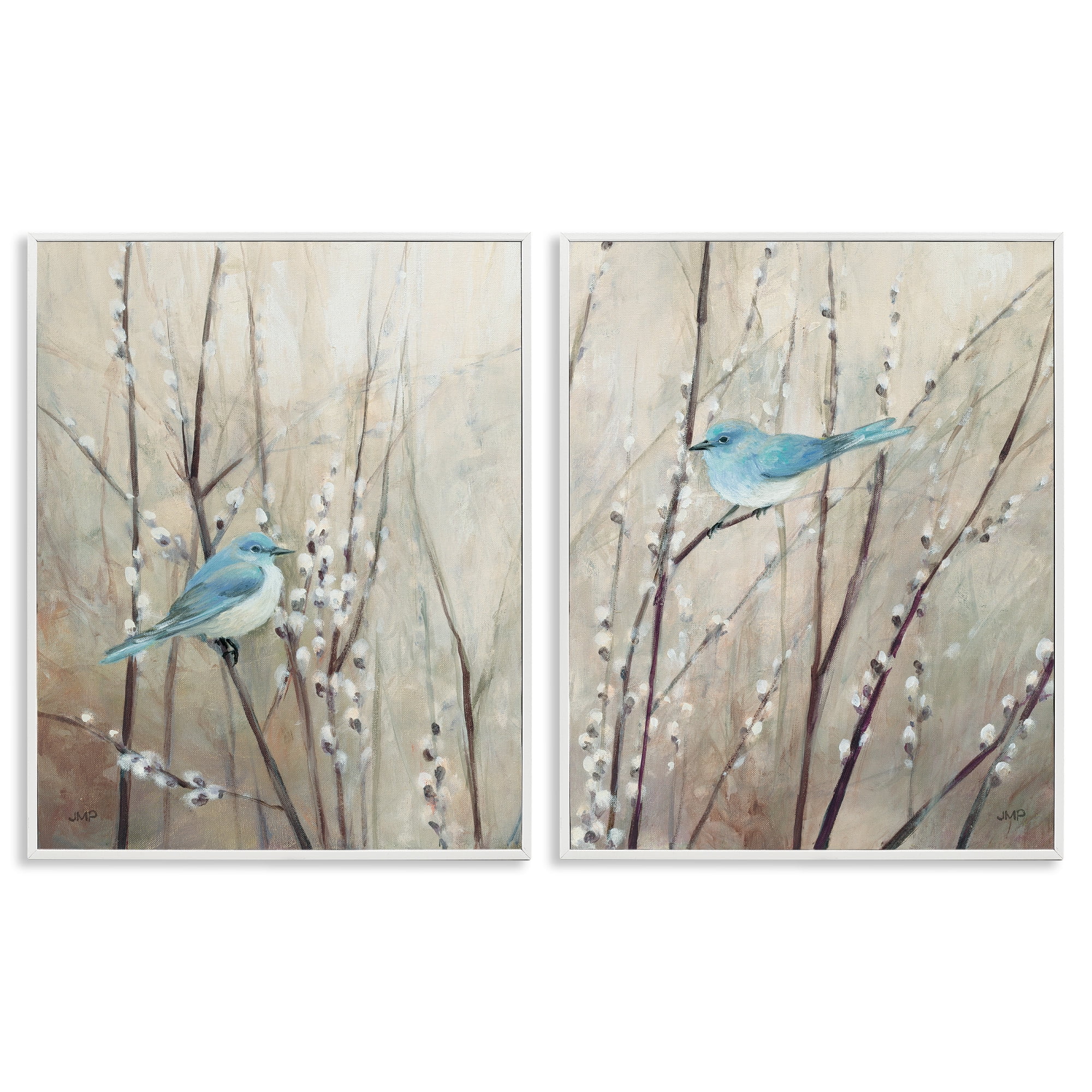 Stupell Industries Peaceful Perched Blue Birds Animals & Insects Painting White Framed Art Print Wall Art, 24 x 30, Set of 2