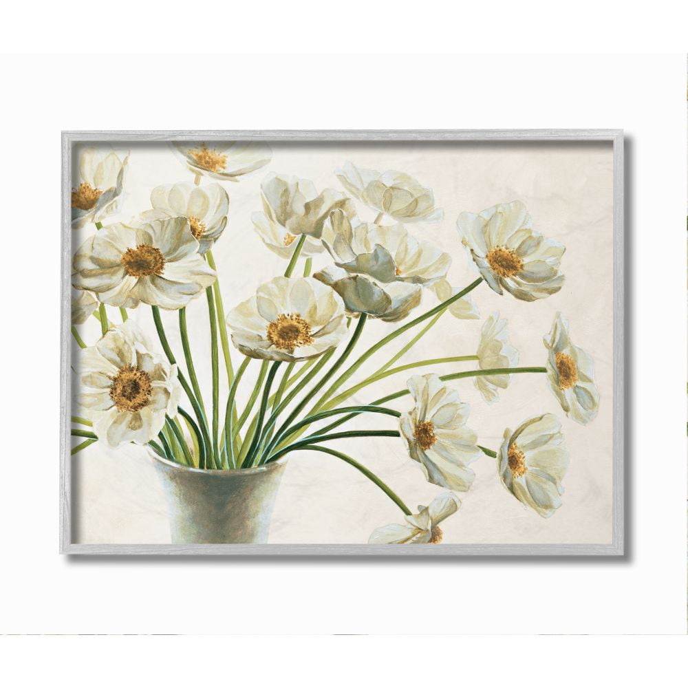 Stupell Industries Peaceful Poppies White Florals in Soft Ceramic Framed Wall Art Design by Eva Barberini, 16" x 20", Gray Framed
