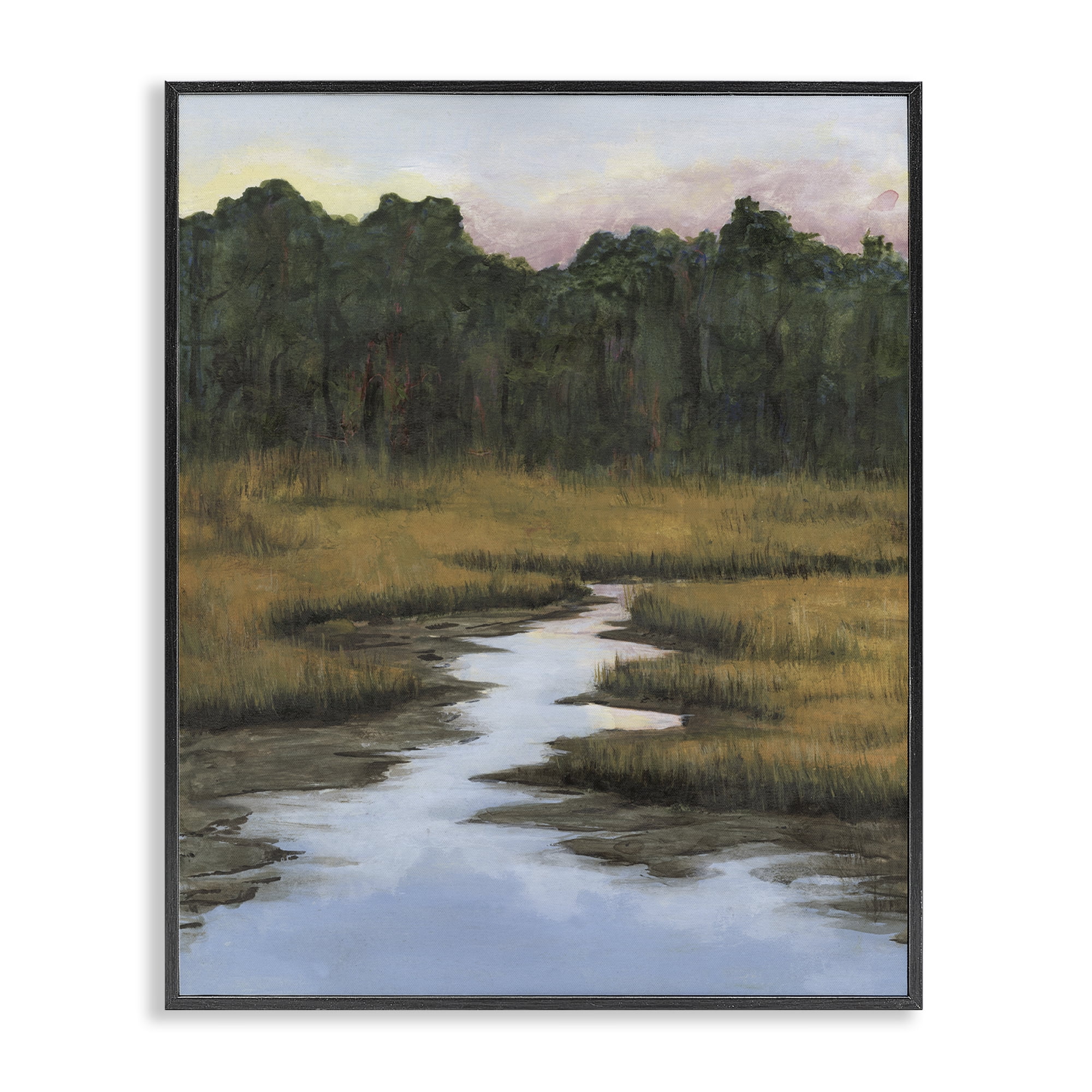Stupell Industries Peaceful River Receding Landscape & Nature Painting Black Framed Art Print Wall Art, 24 x 30