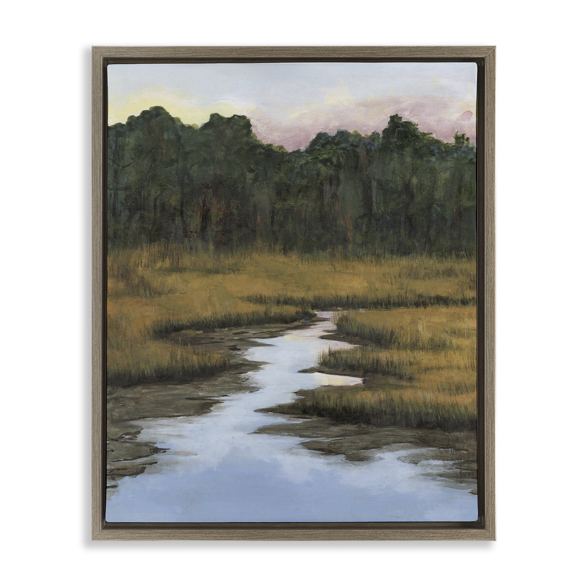 Stupell Industries Peaceful River Receding Landscape & Nature Painting Brown Floater Framed Canvas Art Print Wall Art, 17 x 21