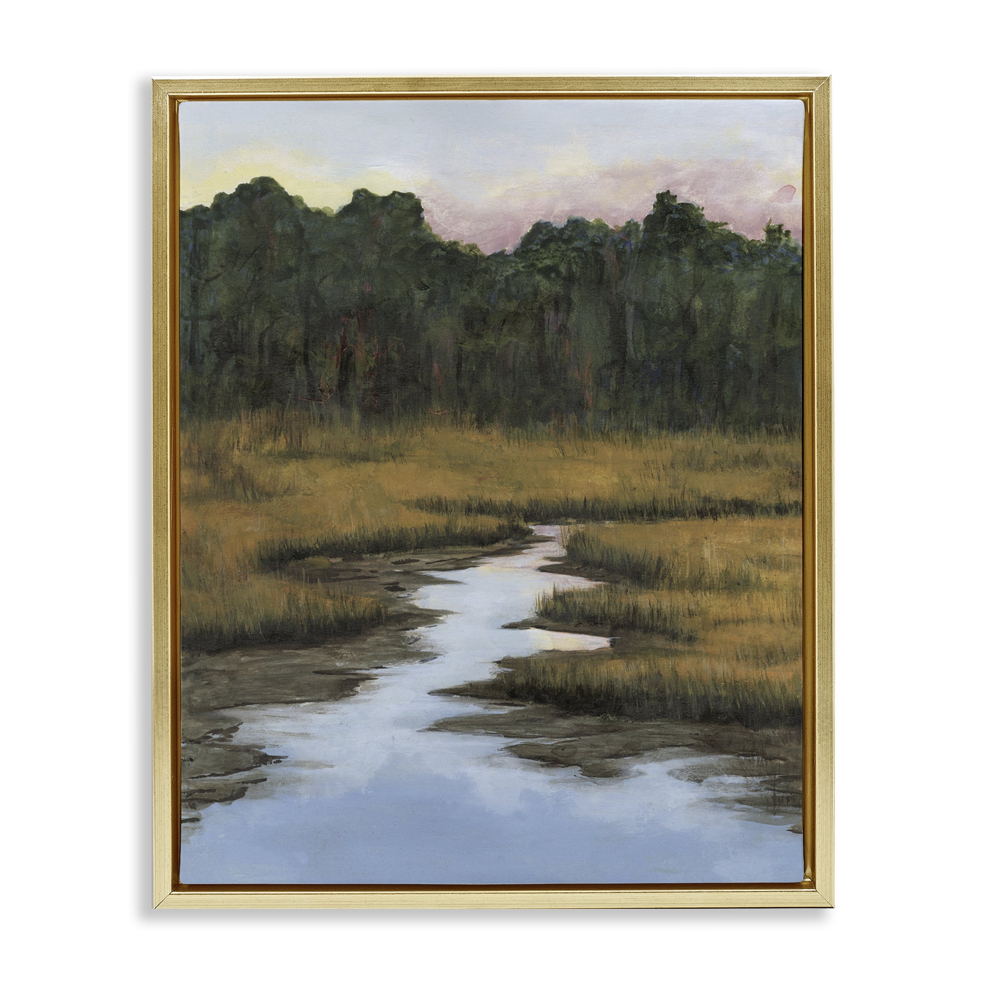 Stupell Industries Peaceful River Receding Landscape & Nature Painting Gold Floater Framed Canvas Art Print Wall Art, 25 x 31