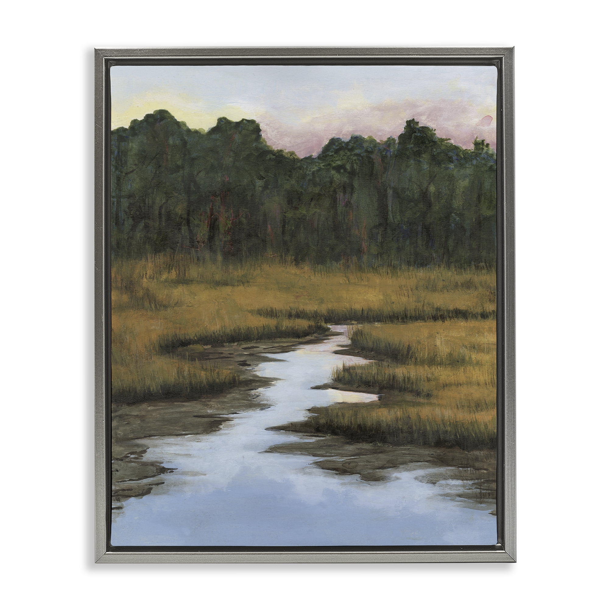 Stupell Industries Peaceful River Receding Landscape & Nature Painting Gray Floater Framed Canvas Art Print Wall Art, 17 x 21