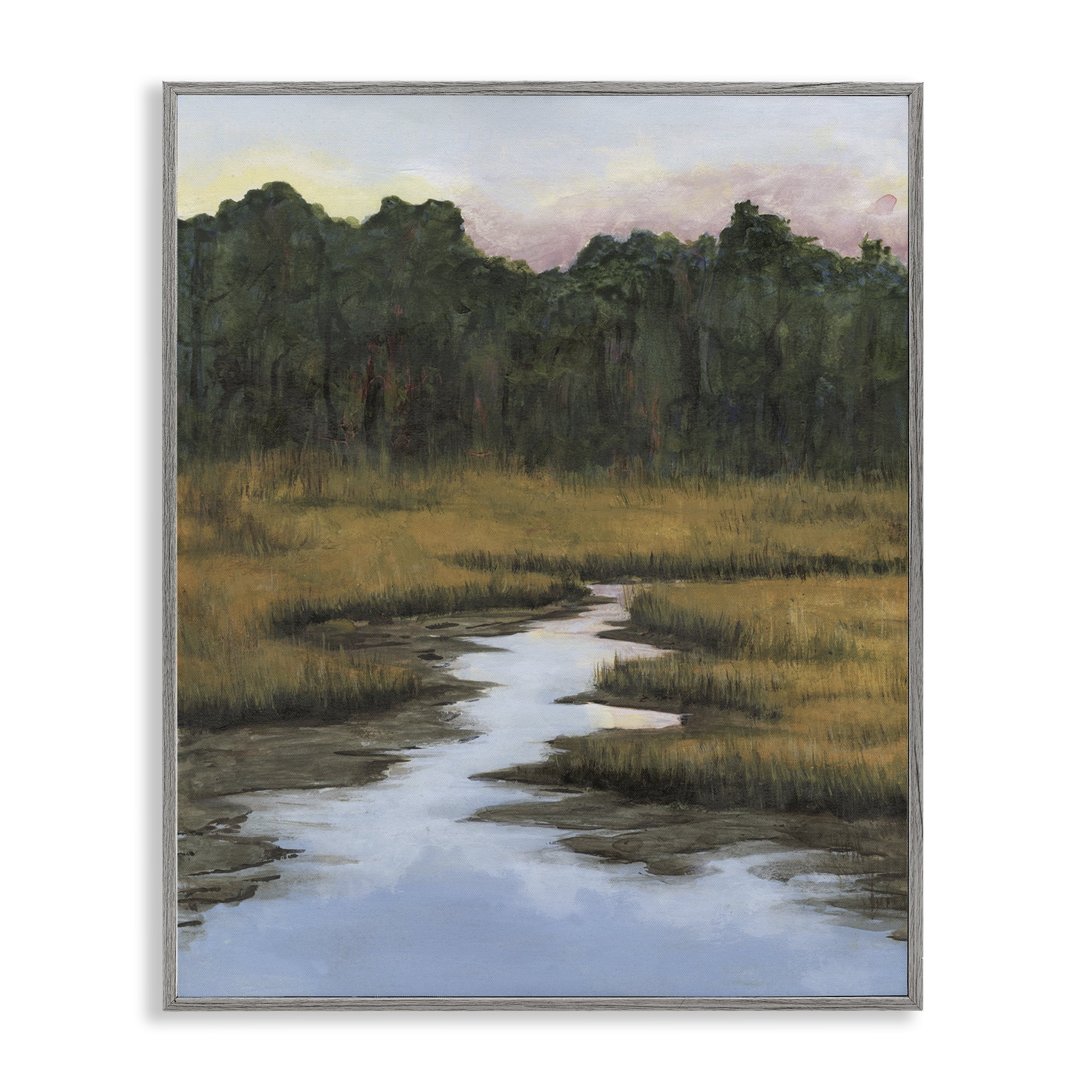 Stupell Industries Peaceful River Receding Landscape & Nature Painting Gray Framed Art Print Wall Art, 16 x 20