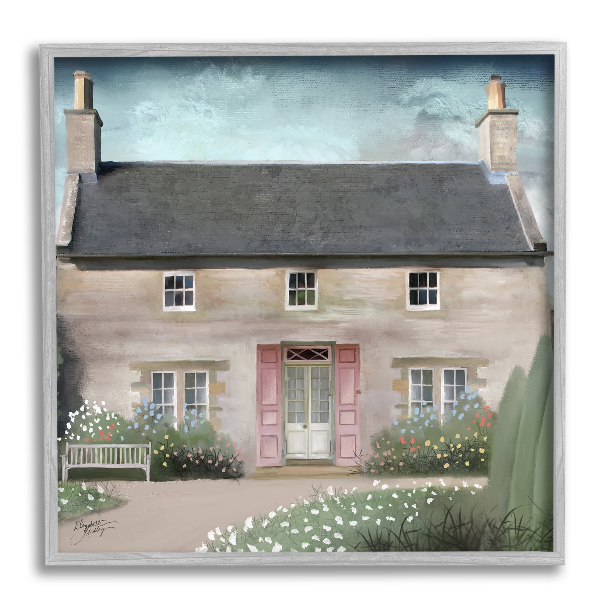 Stupell Industries Peaceful Rural Cottage House Blooming Flower Buds Graphic Art Gray Framed Art Print Wall Art, Design by Elizabeth Medley