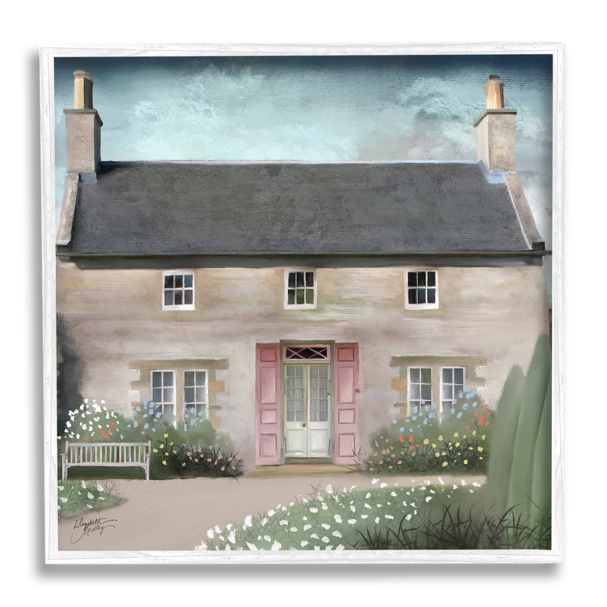 Stupell Industries Peaceful Rural Cottage House Blooming Flower Buds Graphic Art White Framed Art Print Wall Art, Design by Elizabeth Medley