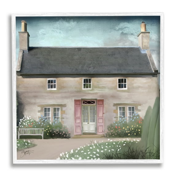 Stupell Industries Peaceful Rural Cottage House Blooming Flower Buds Graphic Art White Framed Art Print Wall Art, Design by Elizabeth Medley