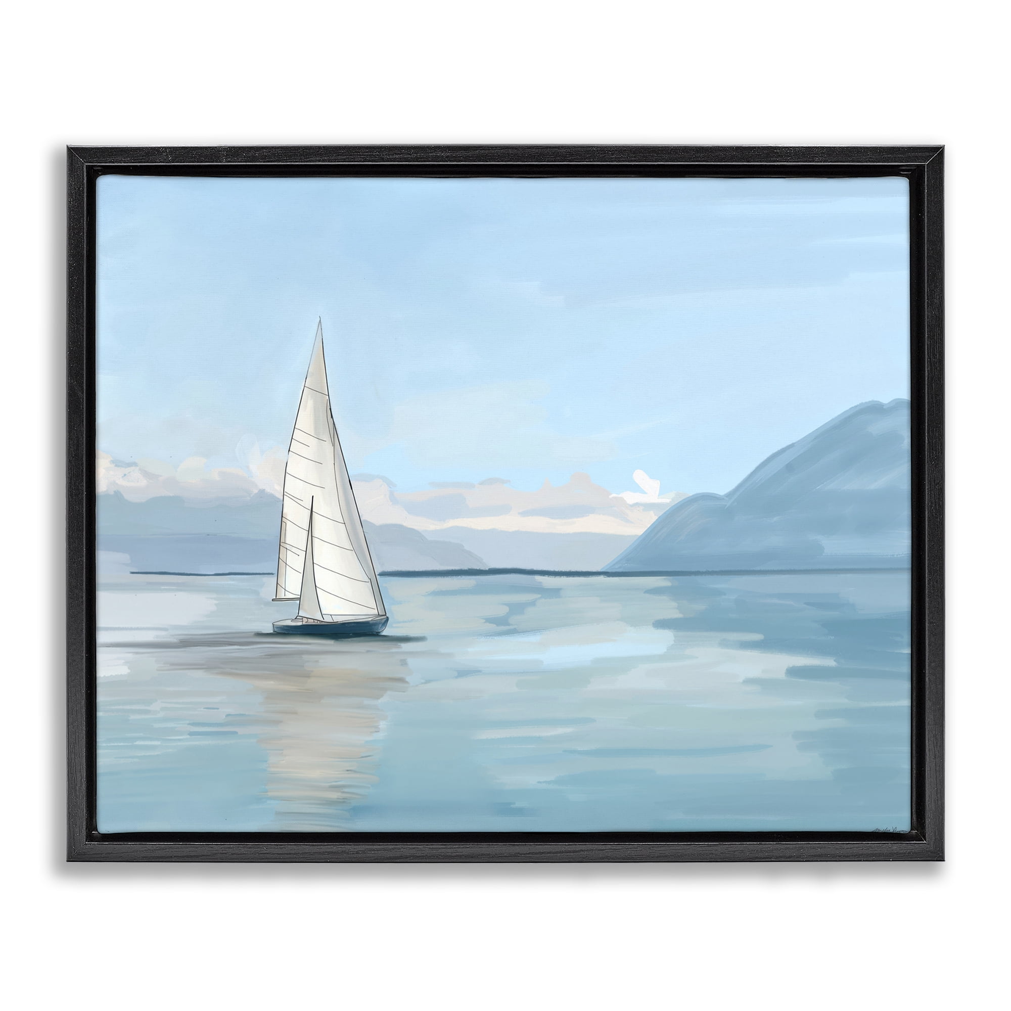 Stupell Industries Peaceful Sailboat on Water Nautical & Beach Painting Black Floater Framed Canvas Art Print Wall Art, 31 x 25