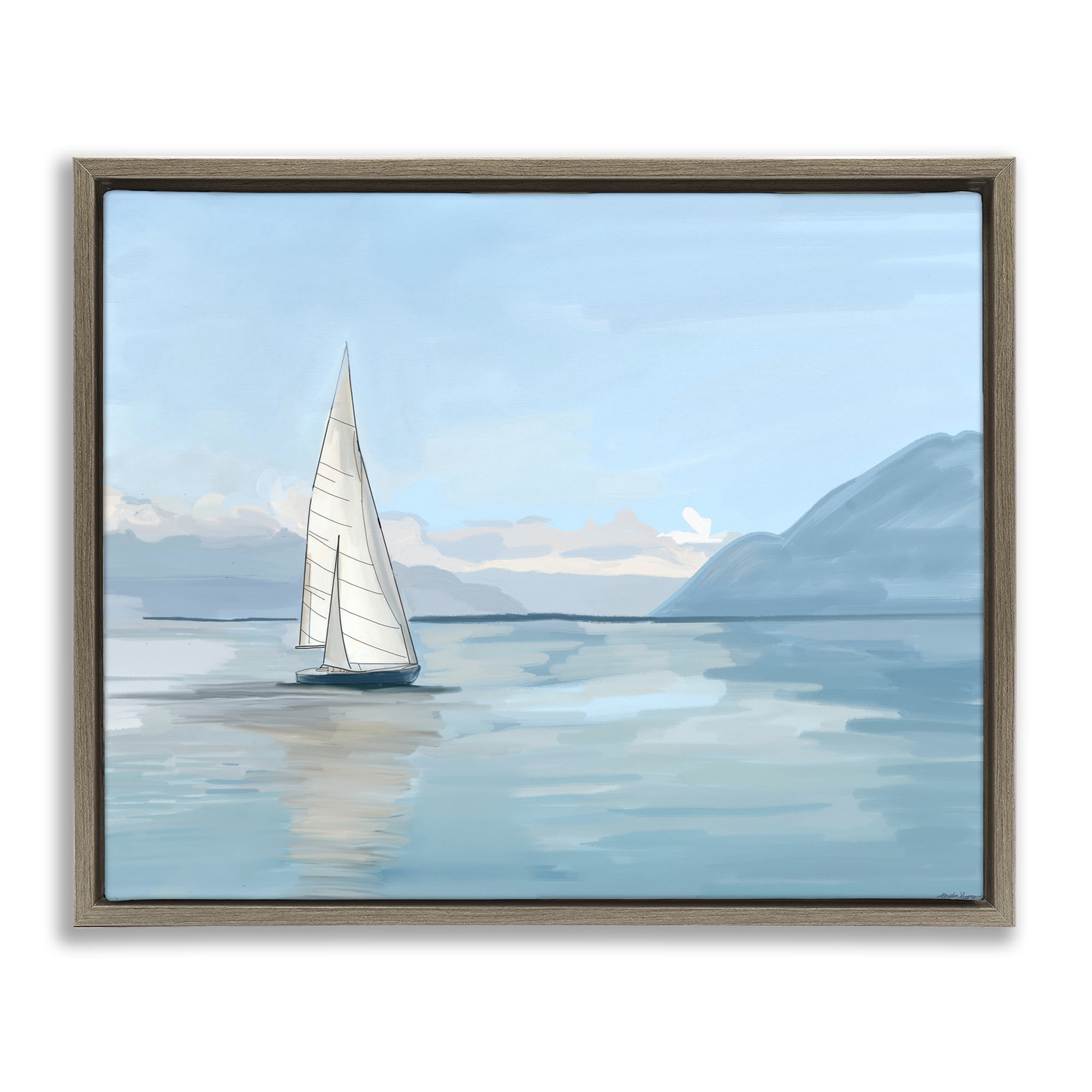 Stupell Industries Peaceful Sailboat on Water Nautical & Beach Painting Brown Floater Framed Canvas Art Print Wall Art, 21 x 17