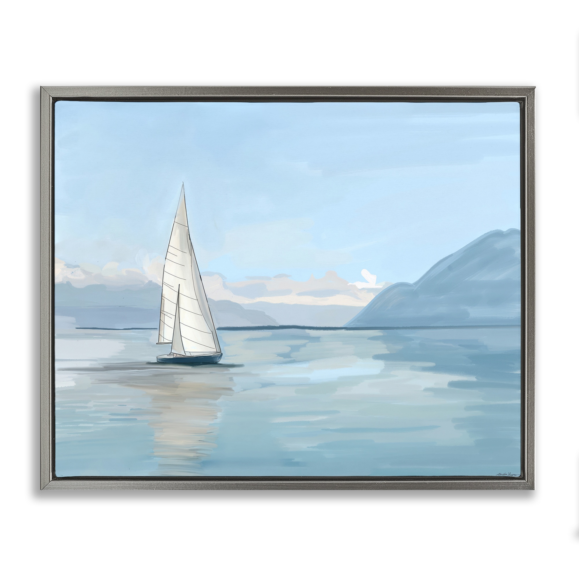 Stupell Industries Peaceful Sailboat on Water Nautical & Beach Painting Gray Floater Framed Canvas Art Print Wall Art, 21 x 17