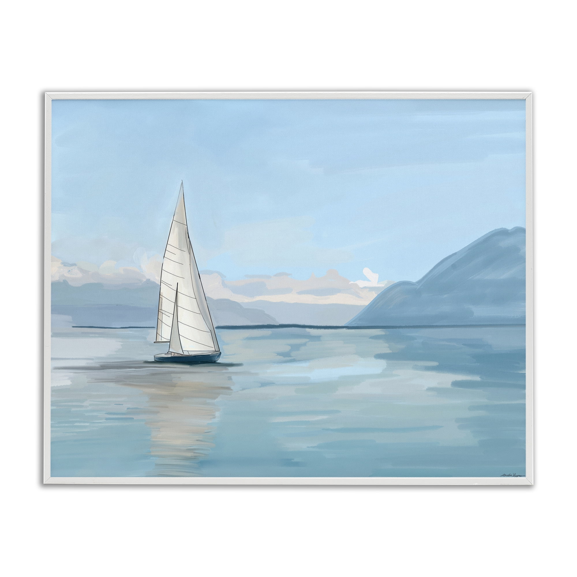 Stupell Industries Peaceful Sailboat on Water Nautical & Beach Painting White Framed Art Print Wall Art, 20 x 16