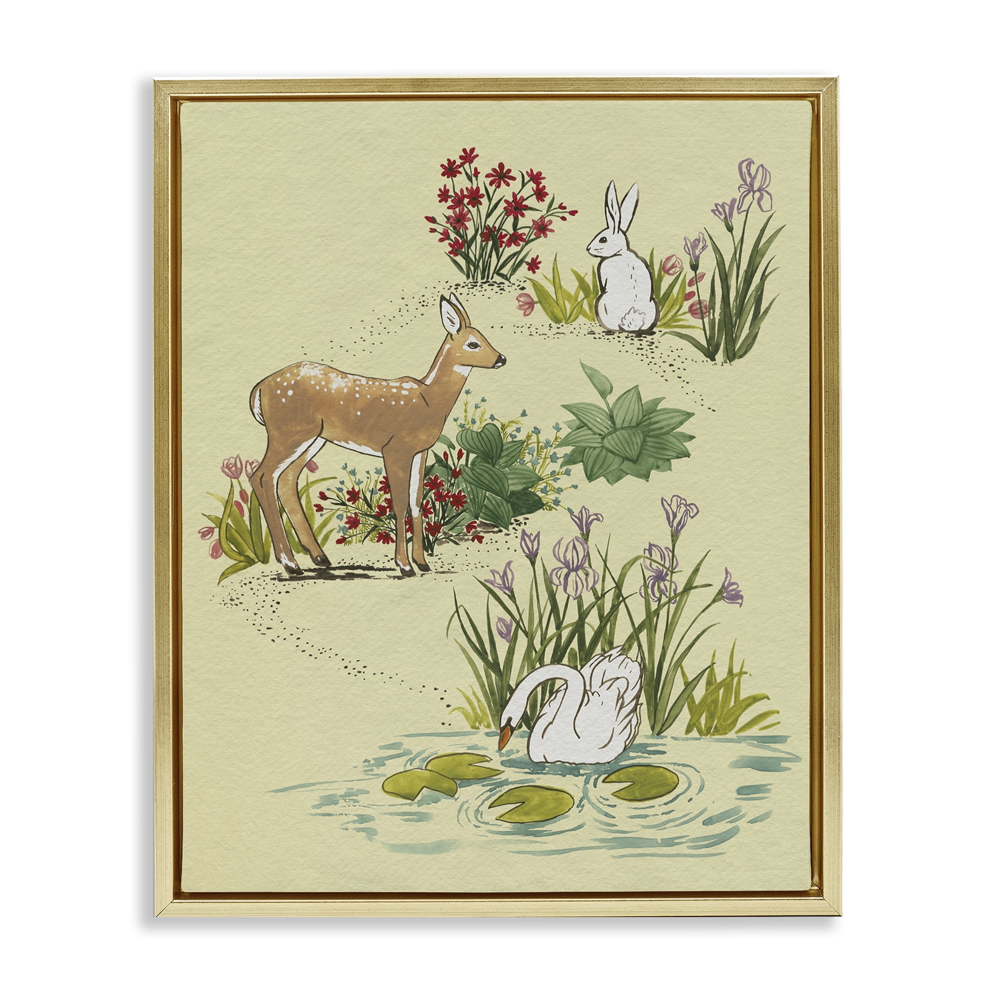 Stupell Industries Peaceful Spring Animals Gold Framed Floater Canvas Wall Art, design by Grace Popp