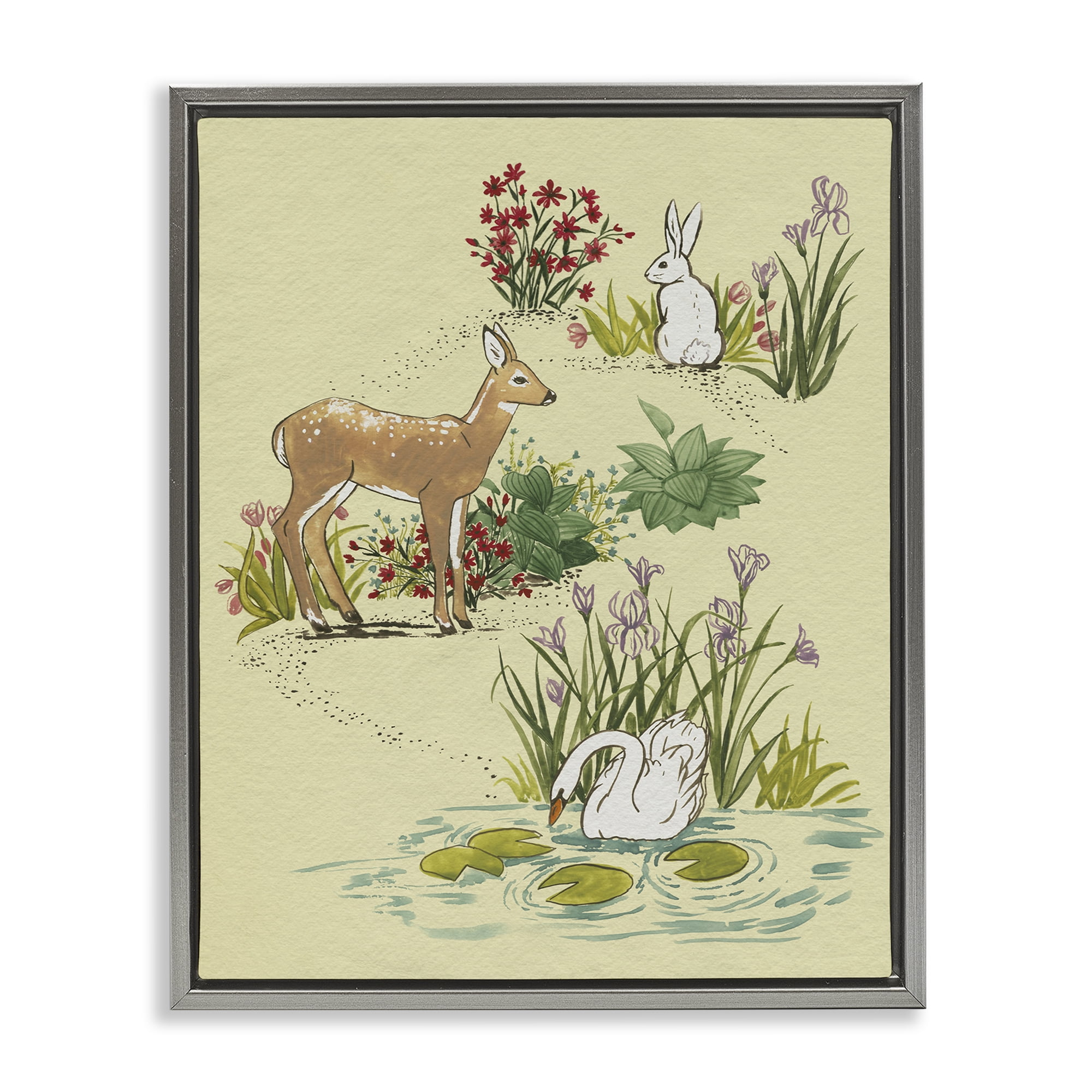 Stupell Industries Peaceful Spring Animals Gray Framed Floater Canvas Wall Art, design by Grace Popp