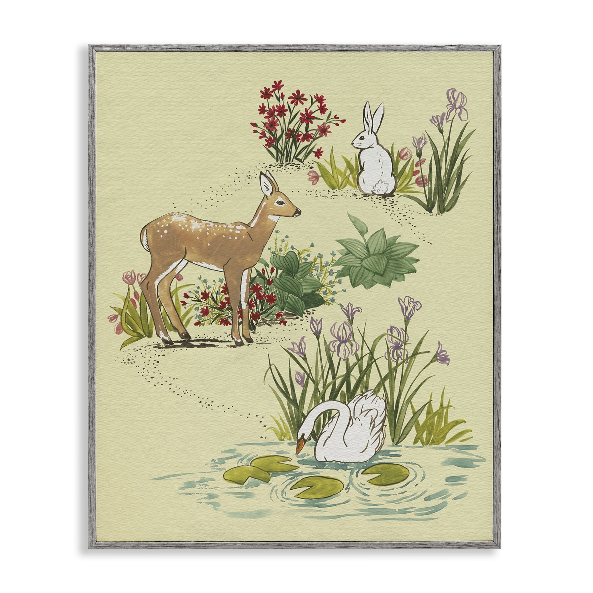 Stupell Industries Peaceful Spring Animals Gray Framed Giclee Art, design by Grace Popp