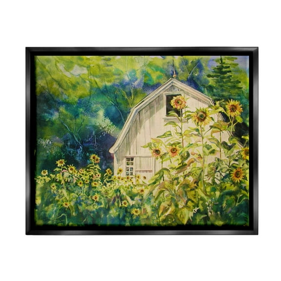 Stupell Industries Peaceful Sunflower Field Countryside Woodlands Barn Jet Black Framed Floating Canvas Wall Art, 16x20, by MB Cunningham