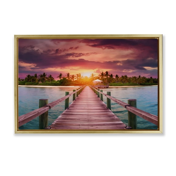 Stupell Industries Peaceful Sunset Over Pier Gold Framed Floater Canvas Wall Art design by LSR Creative Studio, 21 x 31