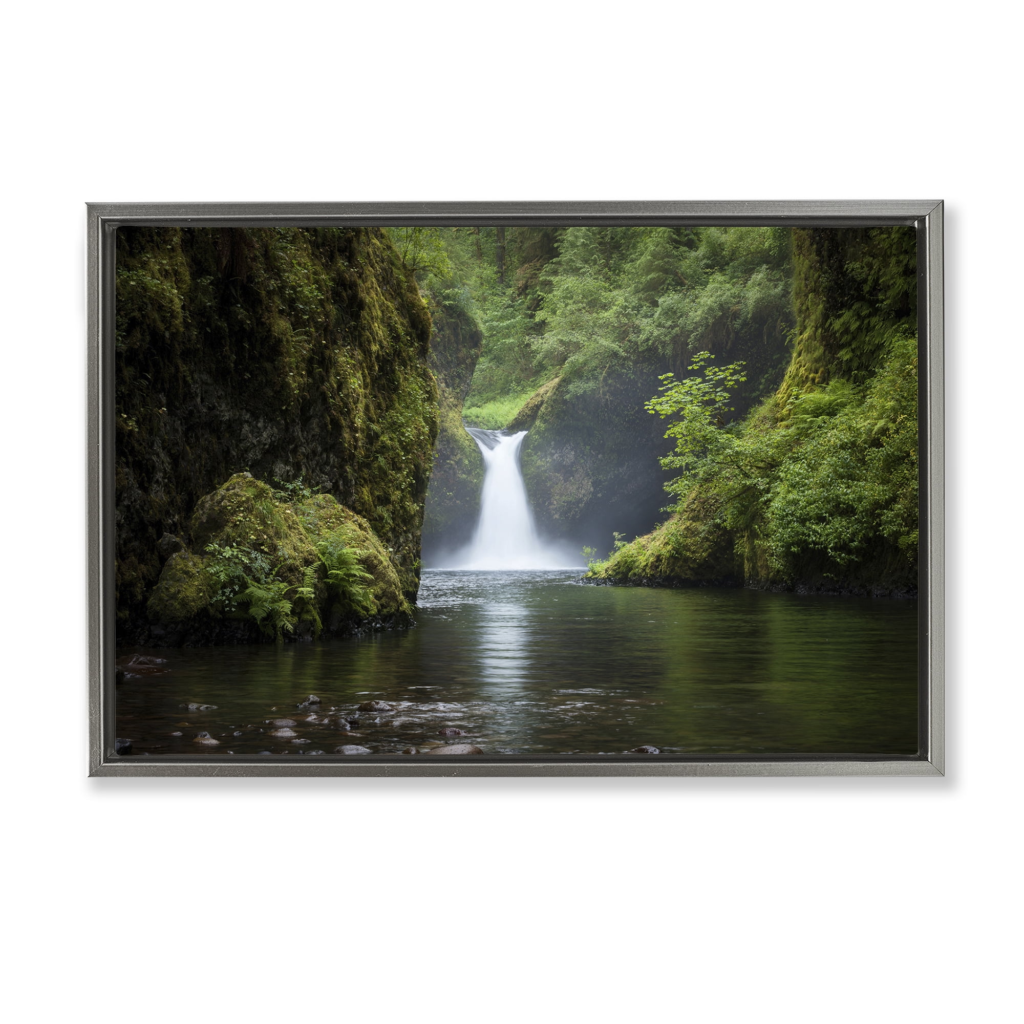 Stupell Industries Peaceful Waterfall Creek Landscape & Nature Photography Gray Floater Framed Canvas Art Print Wall Art, 31 x 21