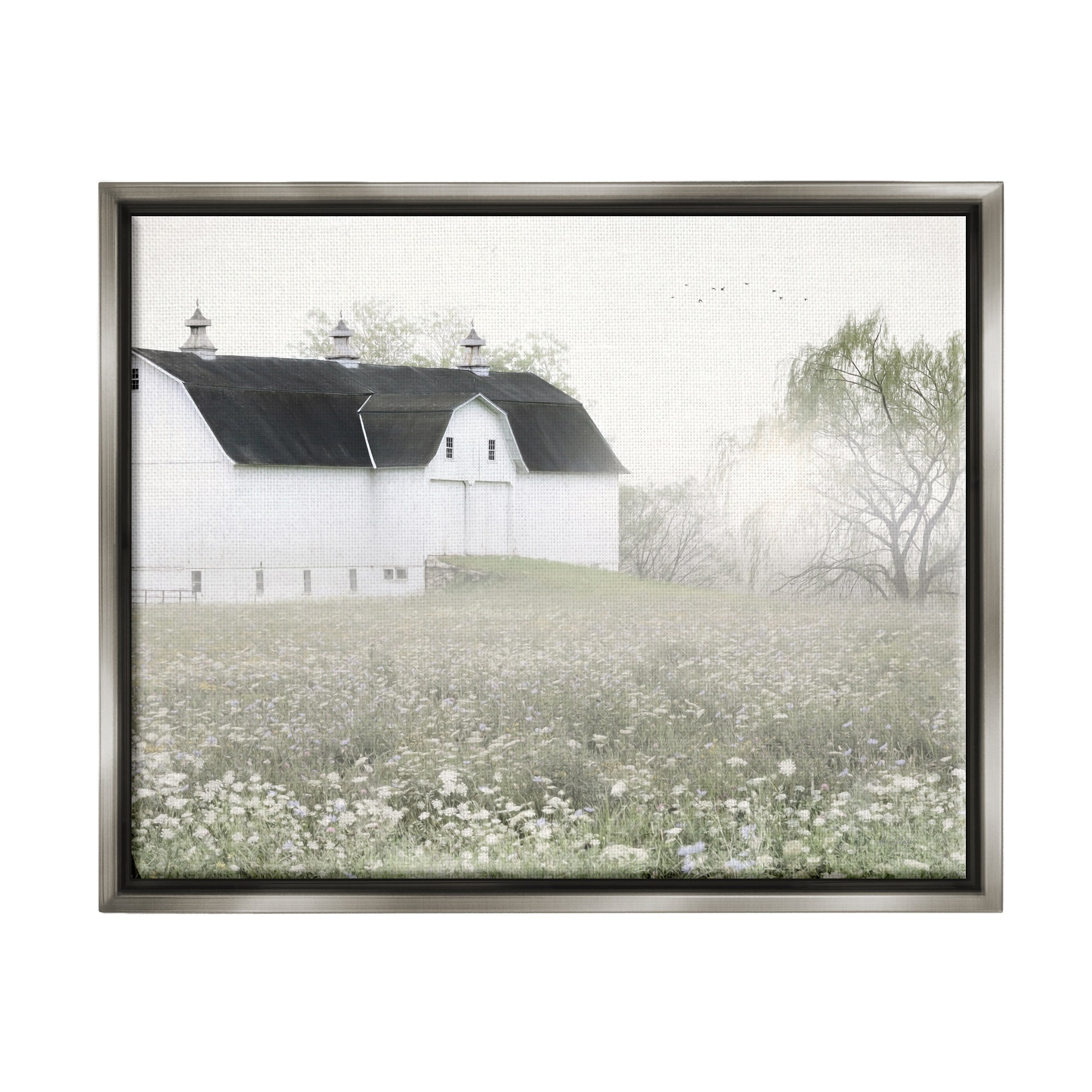 Stupell Industries Peaceful White Barn Countryside Meadow Blooming Buds Graphic Art Luster Gray Floating Framed Canvas Print Wall Art, Design by Lori Deiter