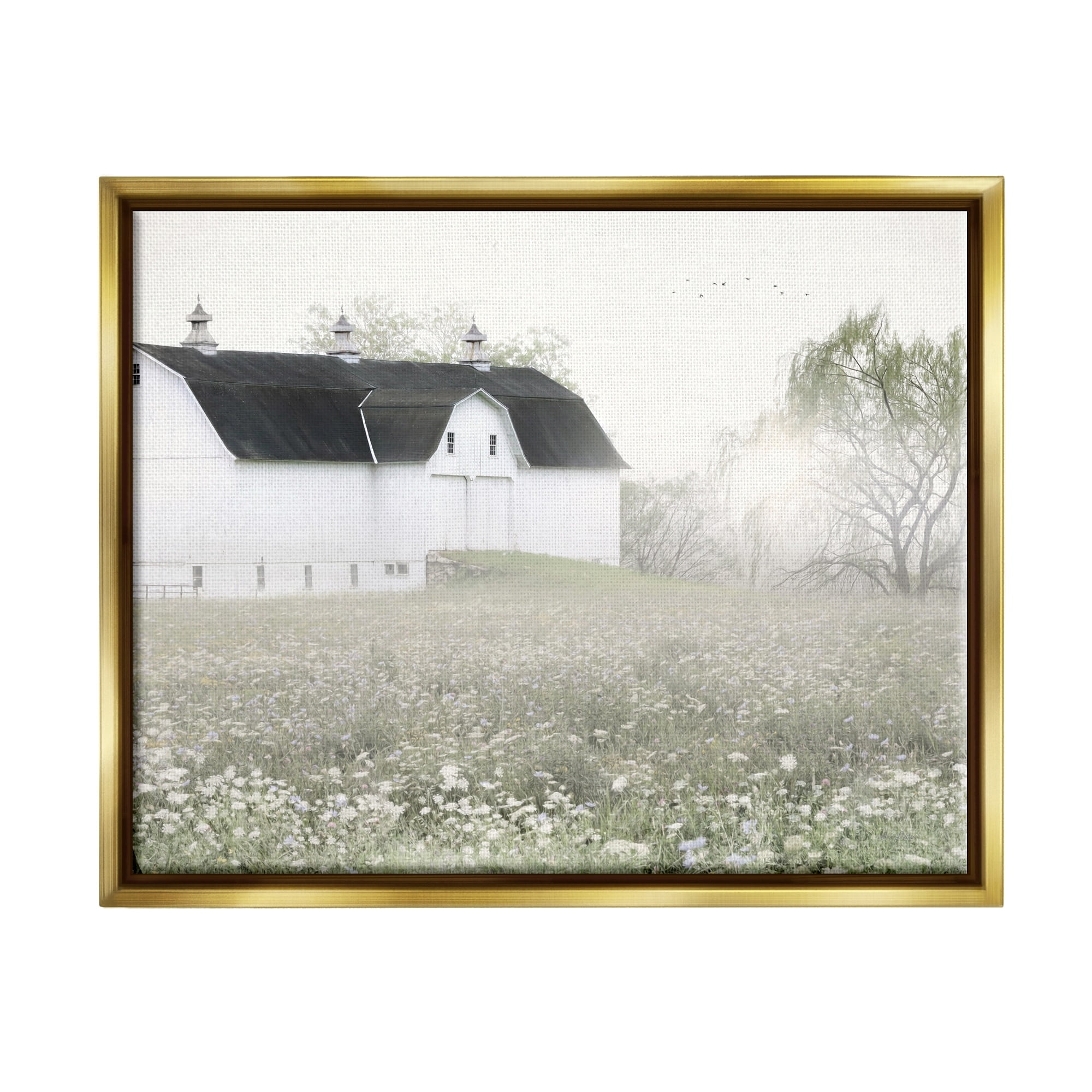 Stupell Industries Peaceful White Barn Countryside Meadow Blooming Buds Graphic Art Metallic Gold Floating Framed Canvas Print Wall Art, Design by Lori Deiter