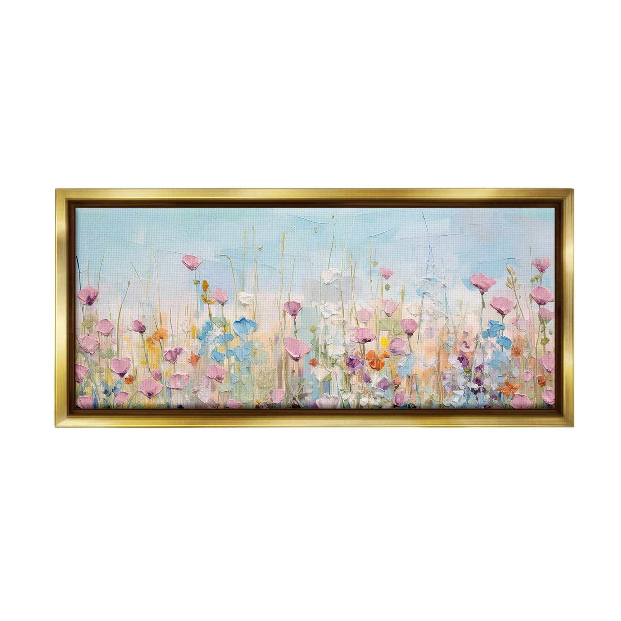 Stupell Industries Peaceful Wildflowers Meadow Botanical & Floral Painting Gold Floater Framed Canvas Art Print Wall Art, 31 x 14