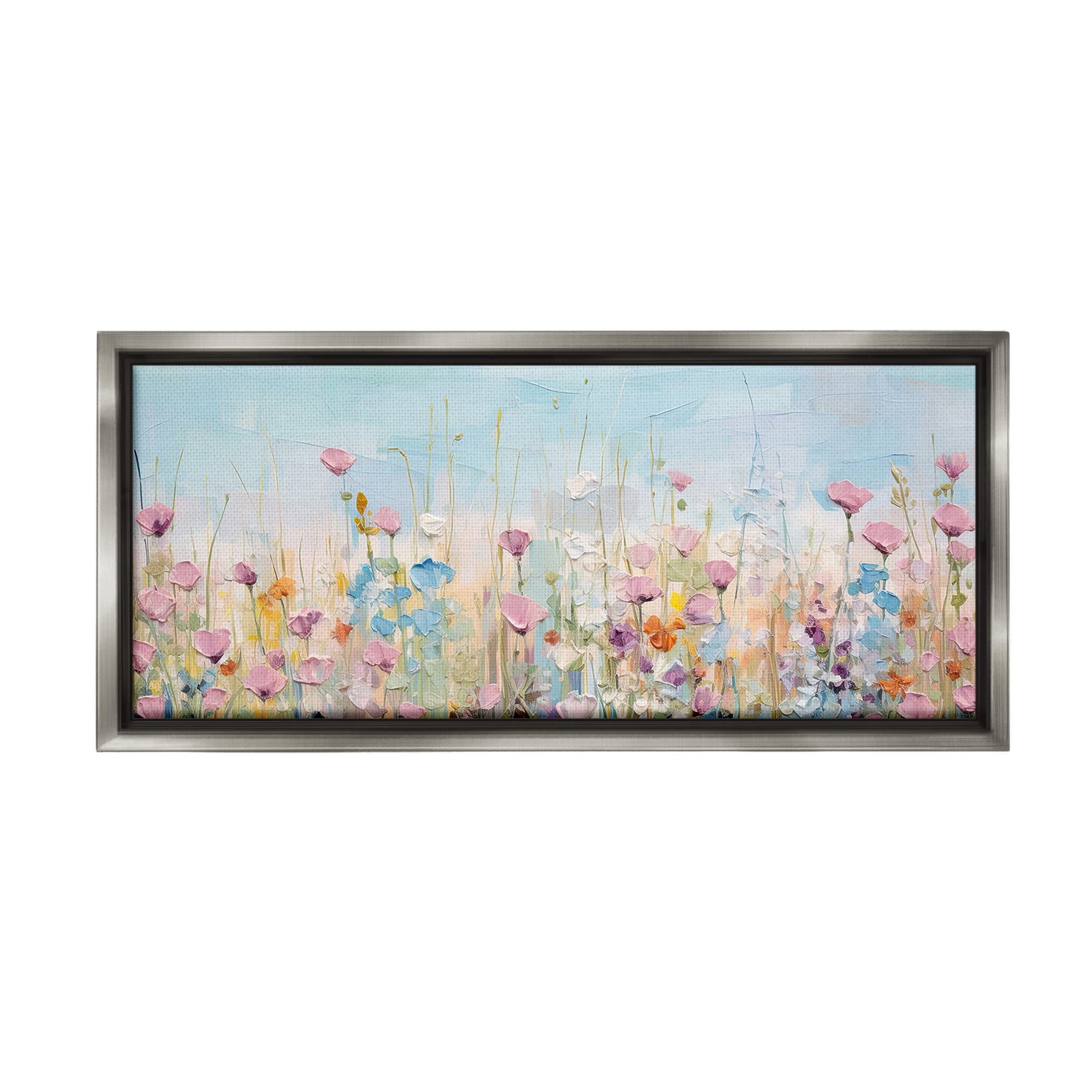 Stupell Industries Peaceful Wildflowers Meadow Botanical & Floral Painting Gray Floater Framed Canvas Art Print Wall Art, 25 x 11