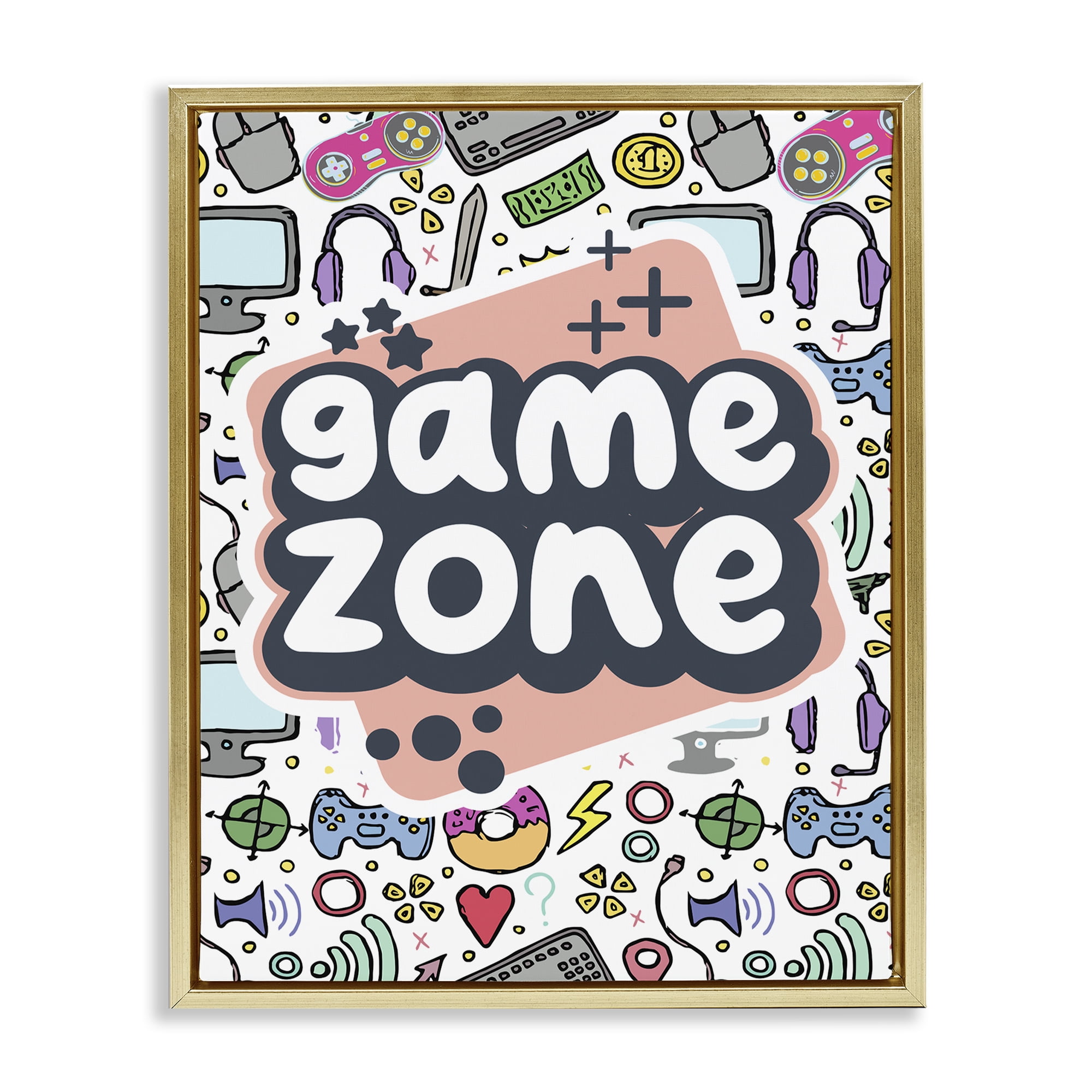 Stupell Industries Peach Game Zone Entertainment Painting Gold Floater Framed Canvas Art Print Wall Art, 17 x 21