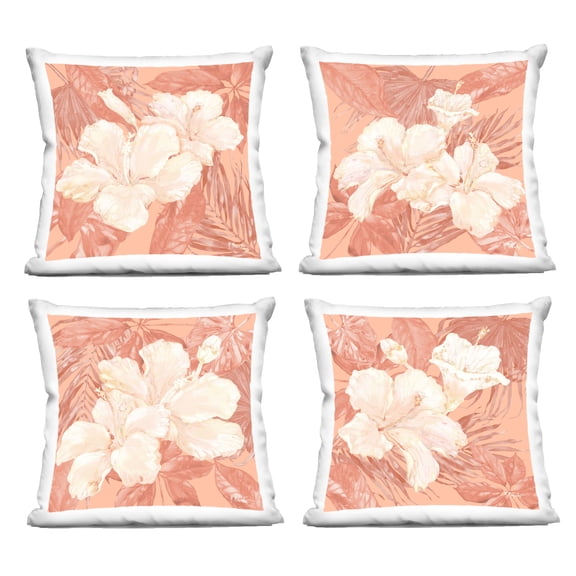 Stupell Industries Peach Hibiscus Flowers 18" x 18" Plants & Flowers Floral Print Polyester Decorative Pillow Set, Zip Closure 4 Count