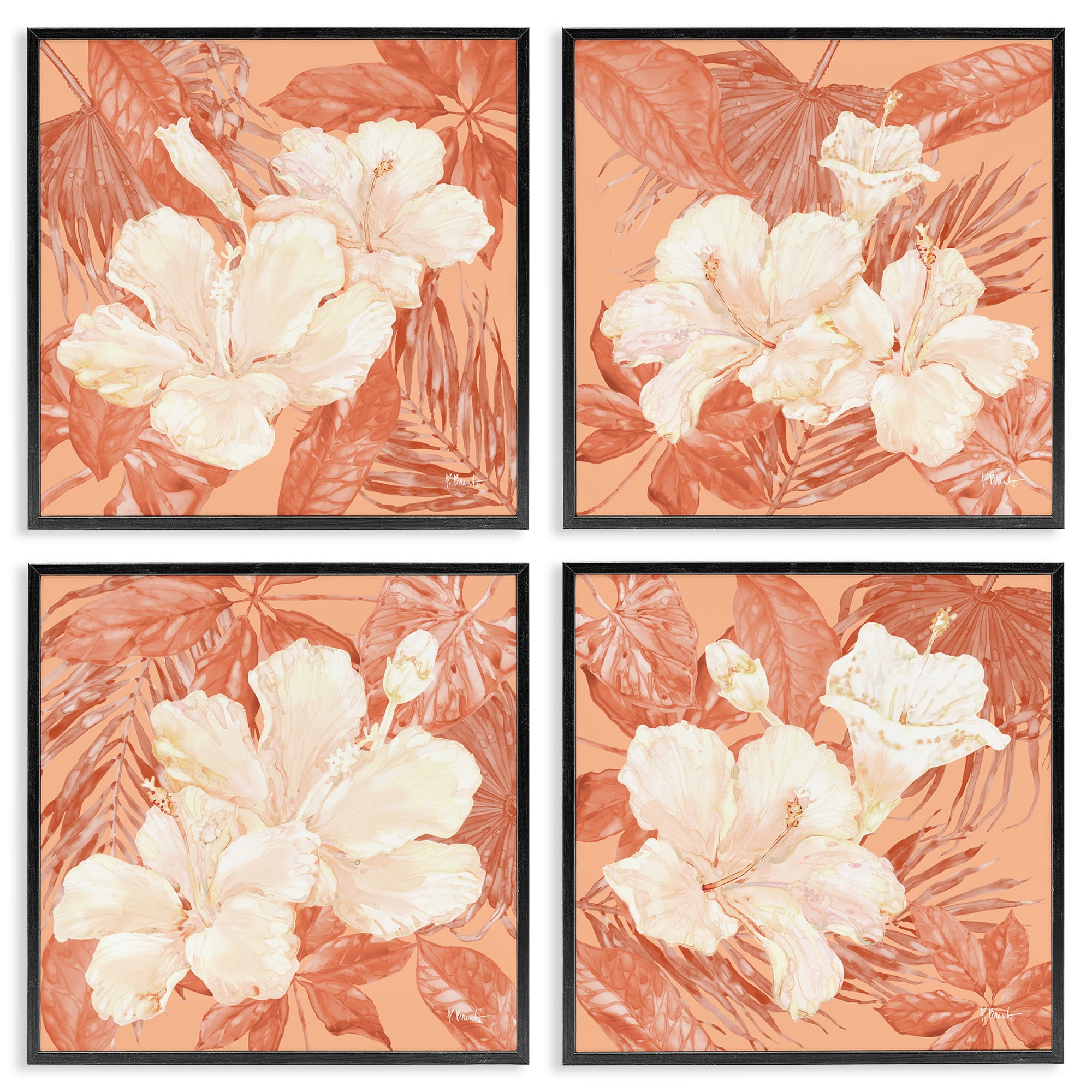 Stupell Industries Peach Hibiscus Flowers Plants & Flowers Painting Black Framed Art Print Wall Art, 12 x 12, Set of 4