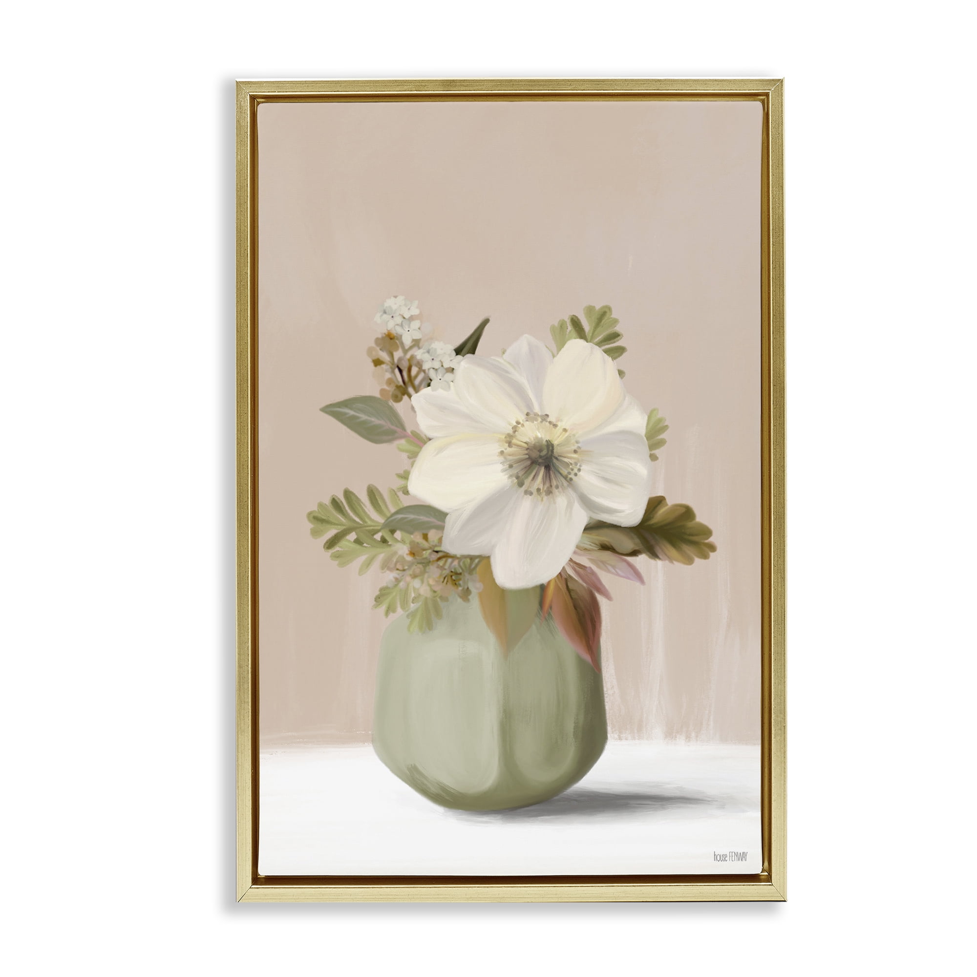 Stupell Industries Peach Pink Vase Botanical & Floral Painting Gold Floater Framed Art Print Wall Art, 21 x 31