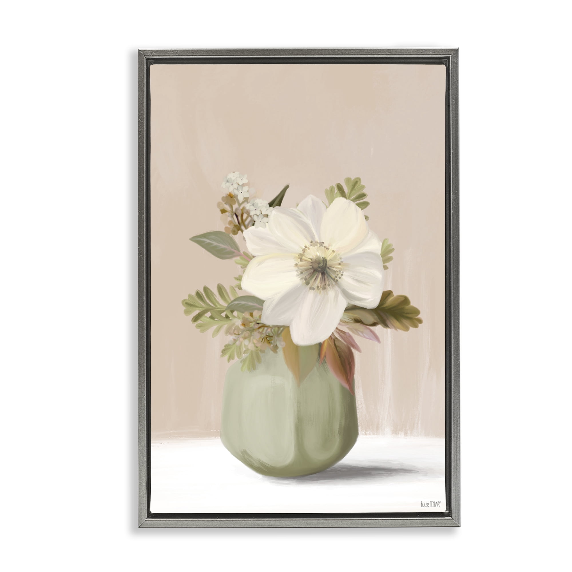 Stupell Industries Peach Pink Vase Botanical & Floral Painting Gray Floater Framed Art Print Wall Art, 17 x 25