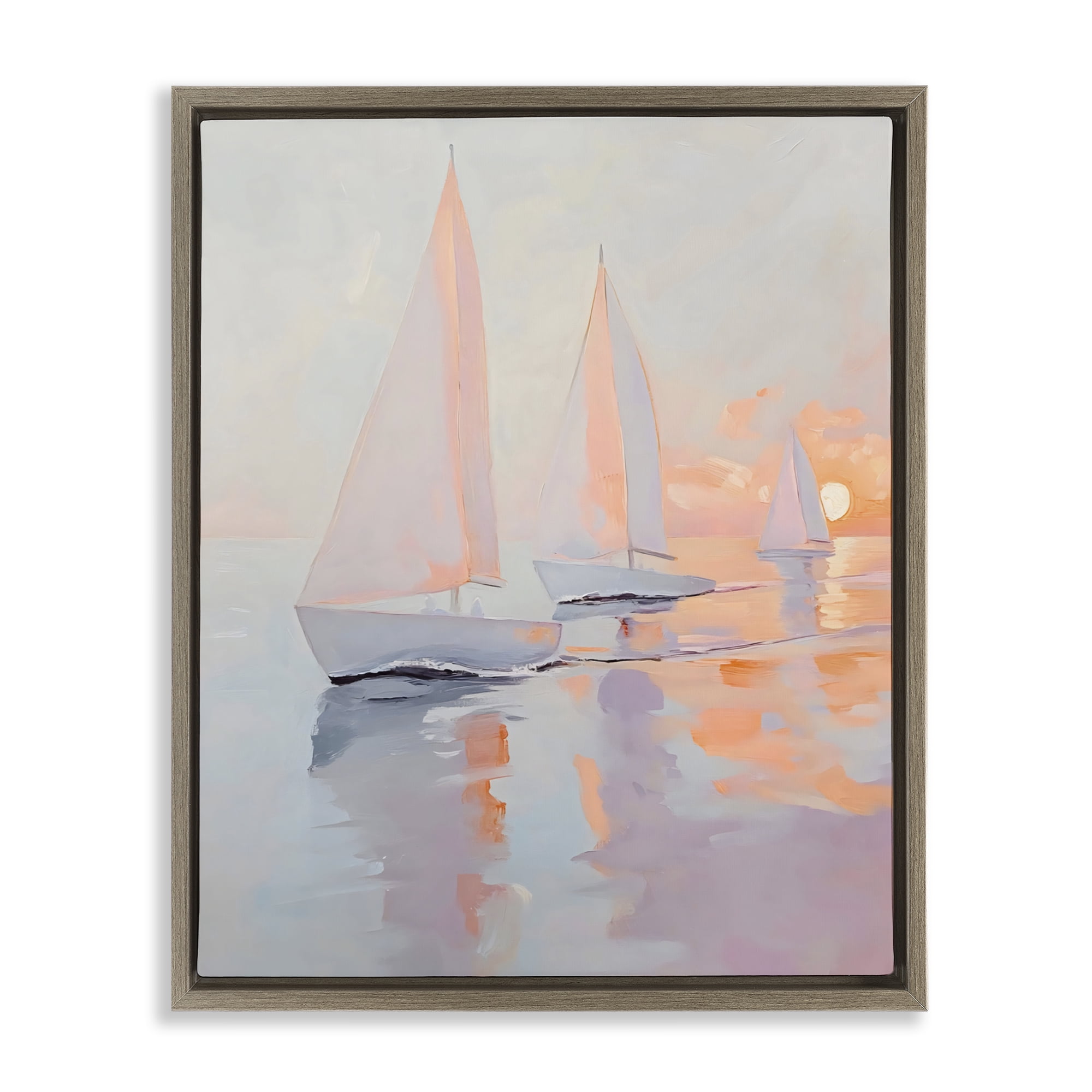 Stupell Industries Peach Sunset Sailboats on Sea Brown Framed Floater Canvas Wall Art, design by Creative Studio