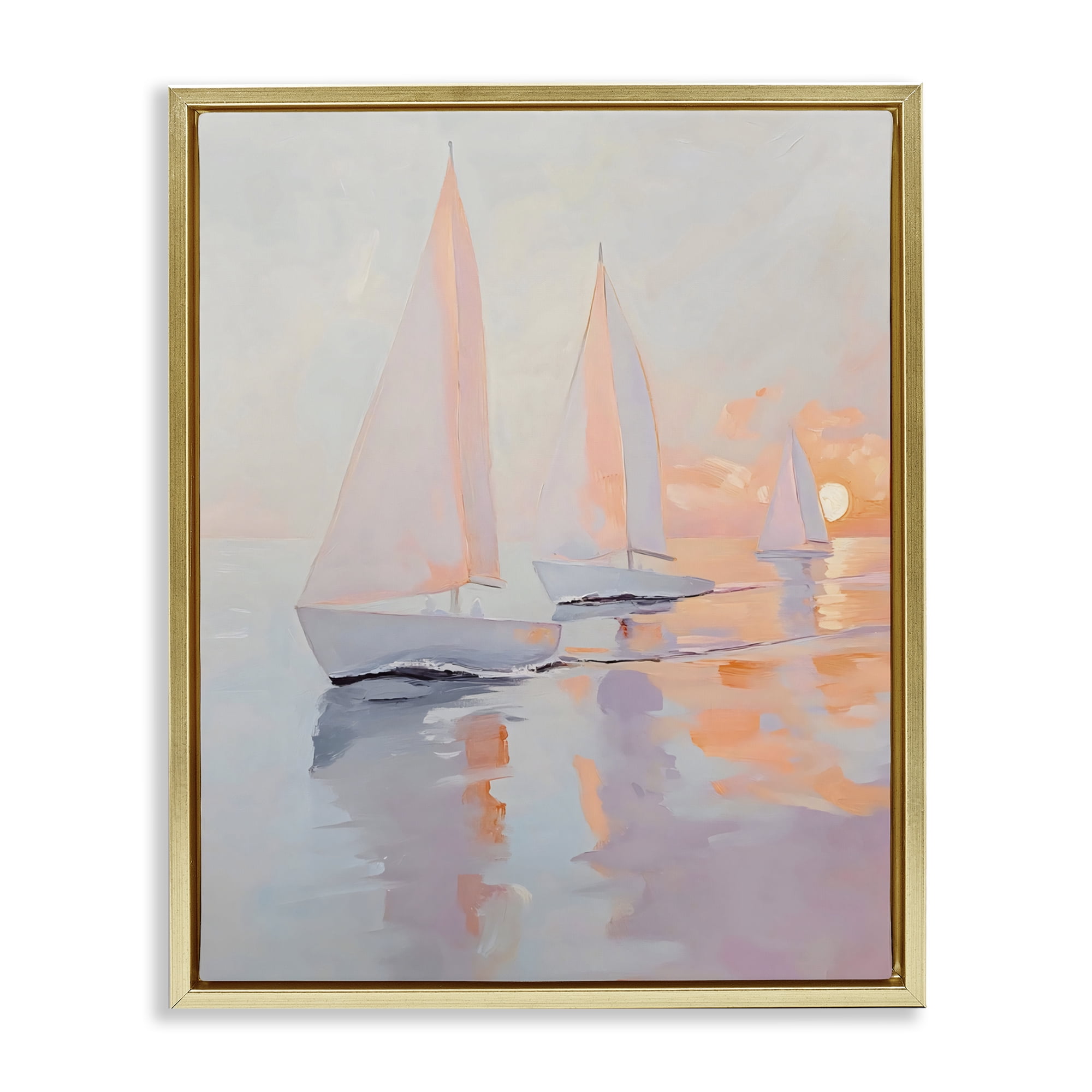 Stupell Industries Peach Sunset Sailboats on Sea Gold Framed Floater Canvas Wall Art, design by Creative Studio