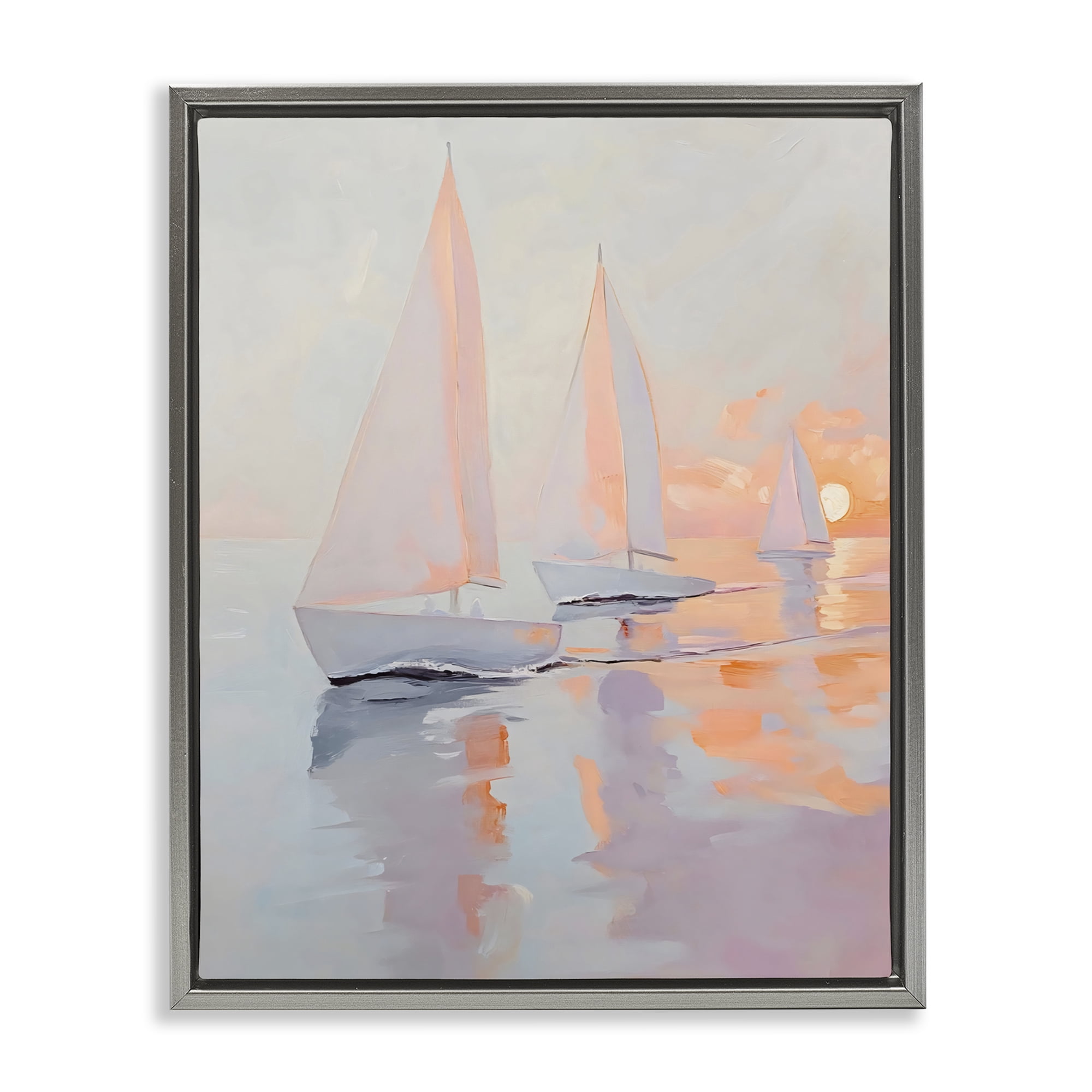Stupell Industries Peach Sunset Sailboats on Sea Gray Framed Floater Canvas Wall Art, design by Creative Studio