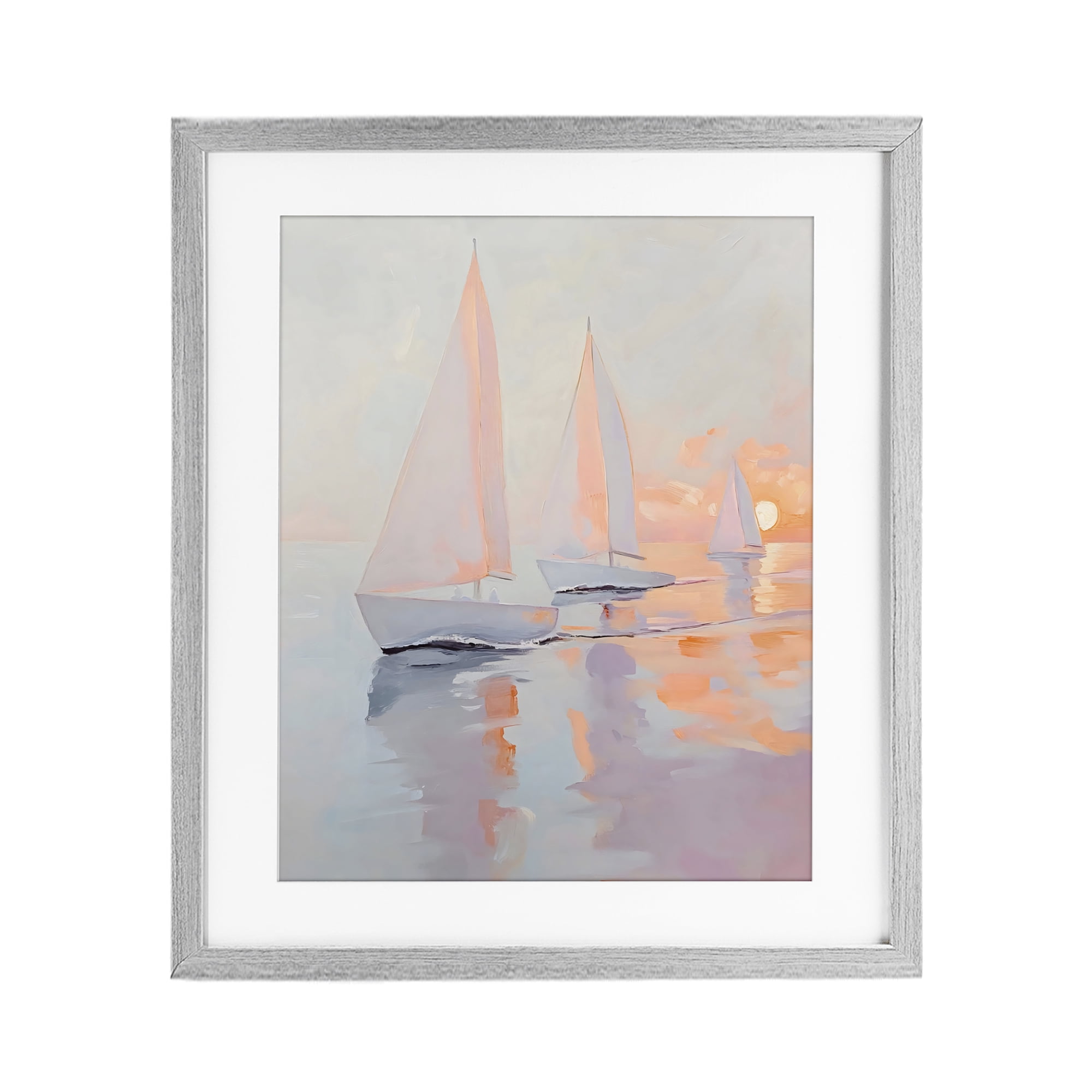 Stupell Industries Peach Sunset Sailboats on Sea Gray Framed Print Under Glass, design by Creative Studio
