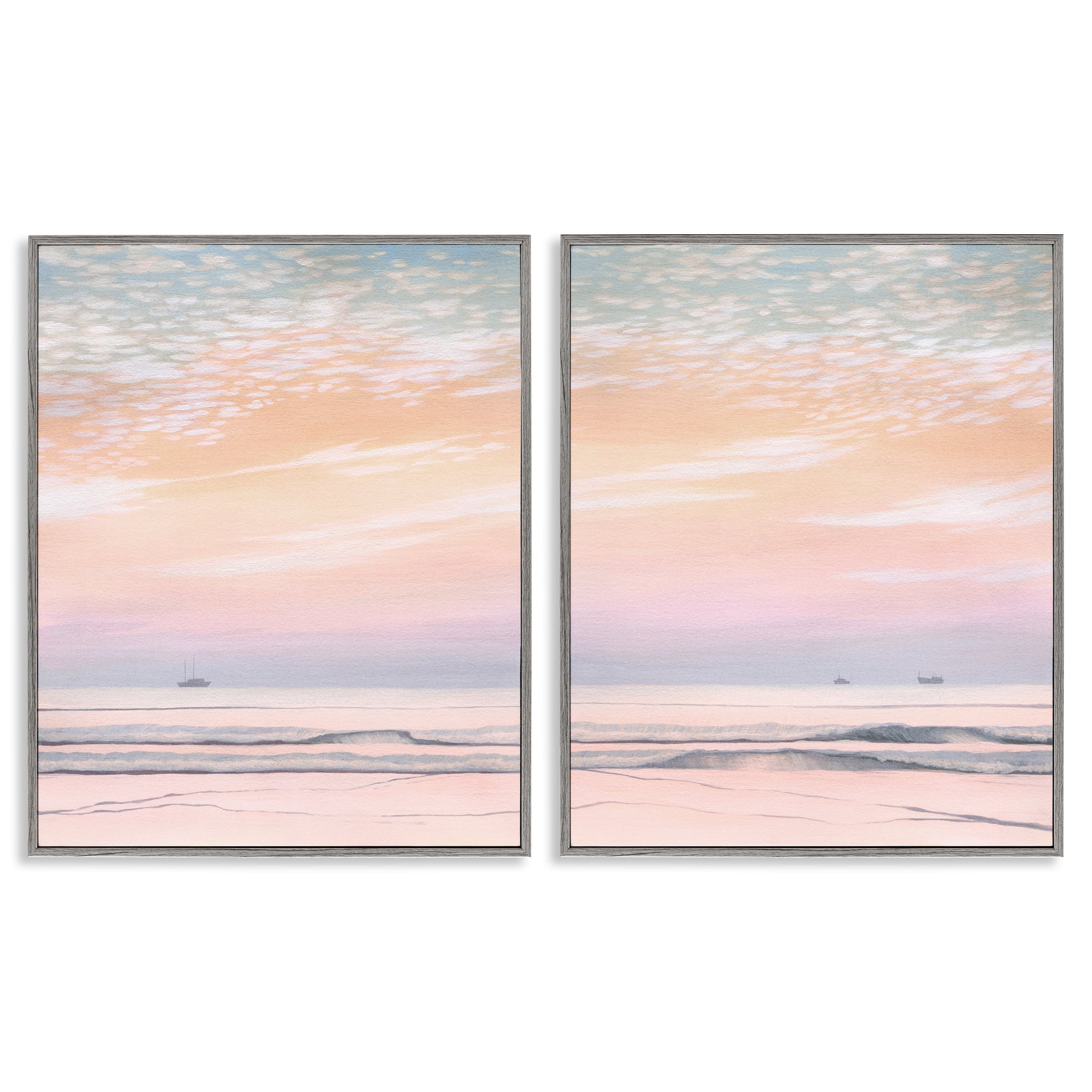 Stupell Industries Peachy Coastal Sunrise Nautical & Beach Painting Gray Framed Art Print Wall Art, 16 x 20, Set of 2