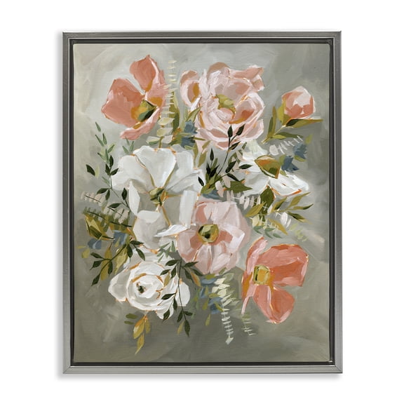 Stupell Industries Peachy Flowers on Grey Gray Framed Floater Canvas Wall Art design by Annie Quigley, 31 x 25