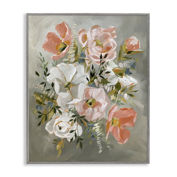 Stupell Industries Peachy Flowers on Grey Gray Framed Giclee Art design by Annie Quigley, 14 x 11