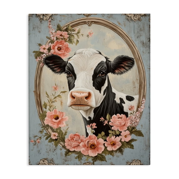 Stupell Industries French Country Peachy Peonies Cow Portrait Canvas Art, 24 x 30, by Petals Prints Design