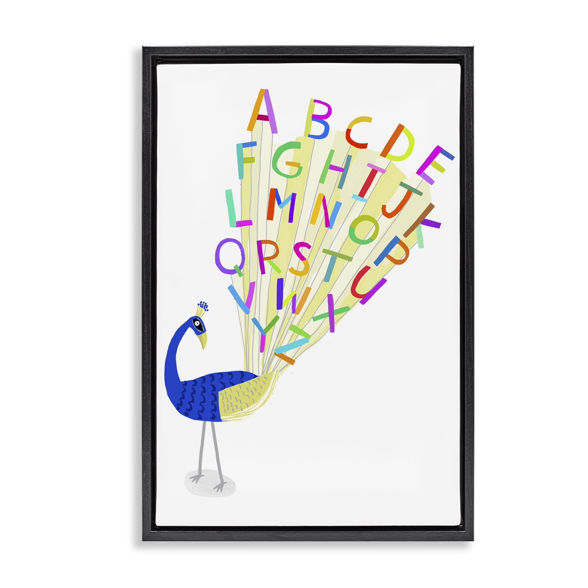 Stupell Industries Peacock Alphabet Feathers Animals & Insects Painting Black Floater Framed Art Print Wall Art, 17 x 25