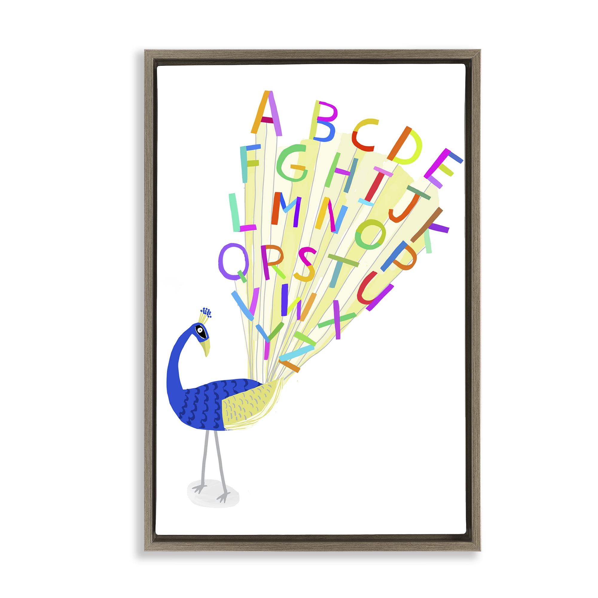 Stupell Industries Peacock Alphabet Feathers Animals & Insects Painting Brown Floater Framed Art Print Wall Art, 17 x 25