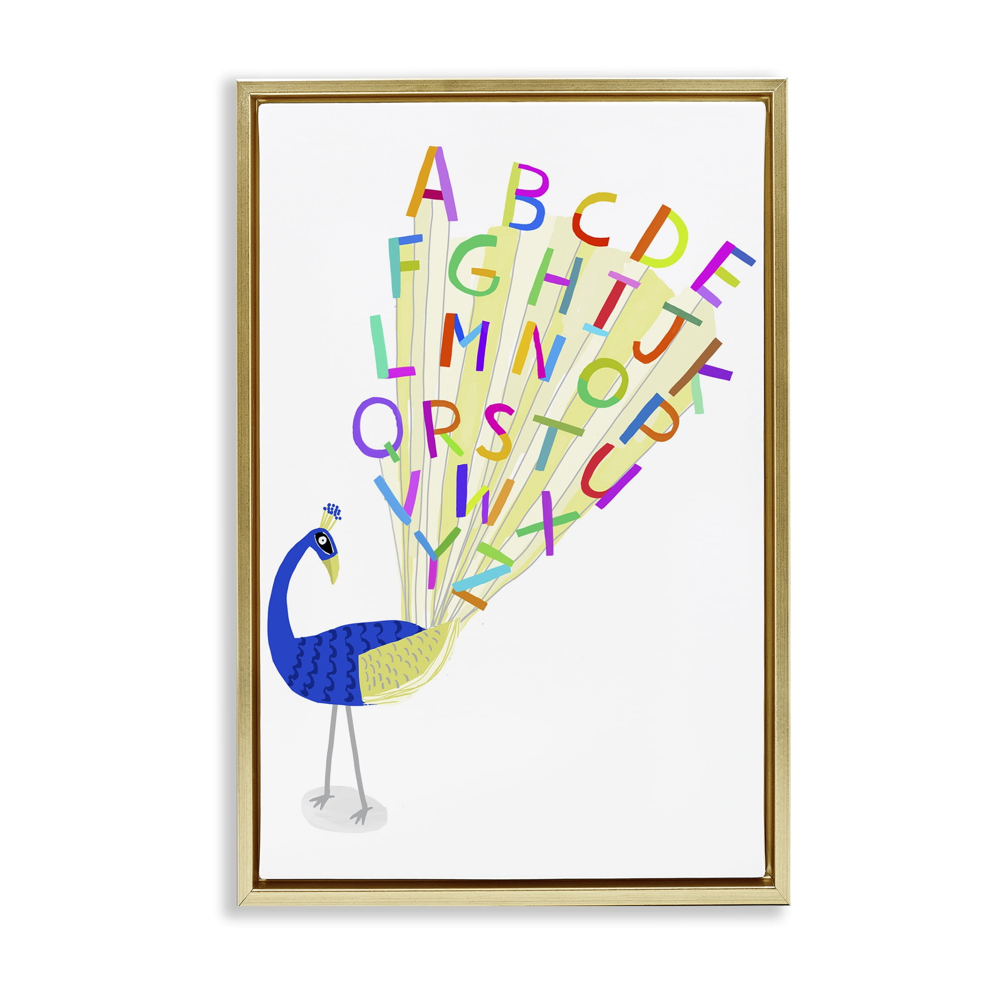 Stupell Industries Peacock Alphabet Feathers Animals & Insects Painting Gold Floater Framed Art Print Wall Art, 21 x 31
