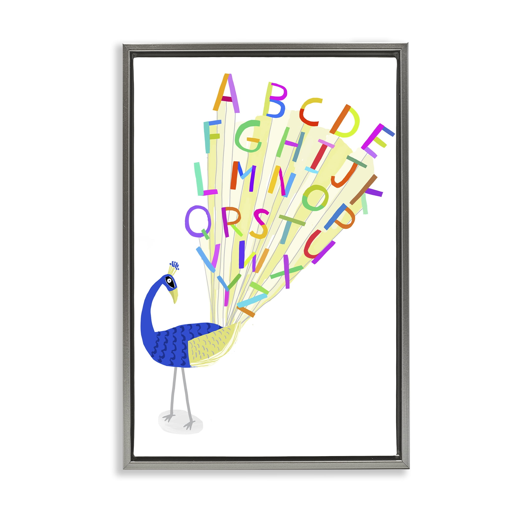 Stupell Industries Peacock Alphabet Feathers Animals & Insects Painting Gray Floater Framed Art Print Wall Art, 21 x 31