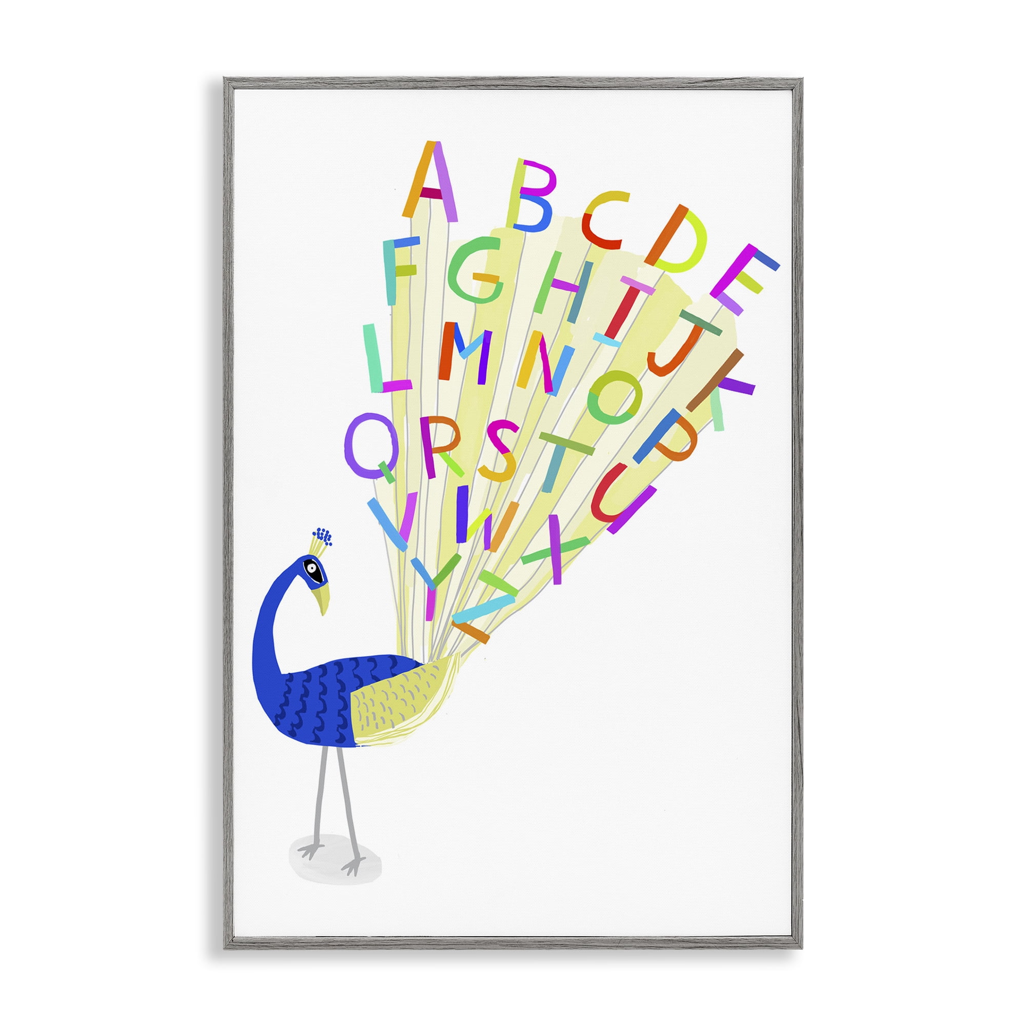 Stupell Industries Peacock Alphabet Feathers Animals & Insects Painting Gray Framed Art Print Wall Art, 16 x 24