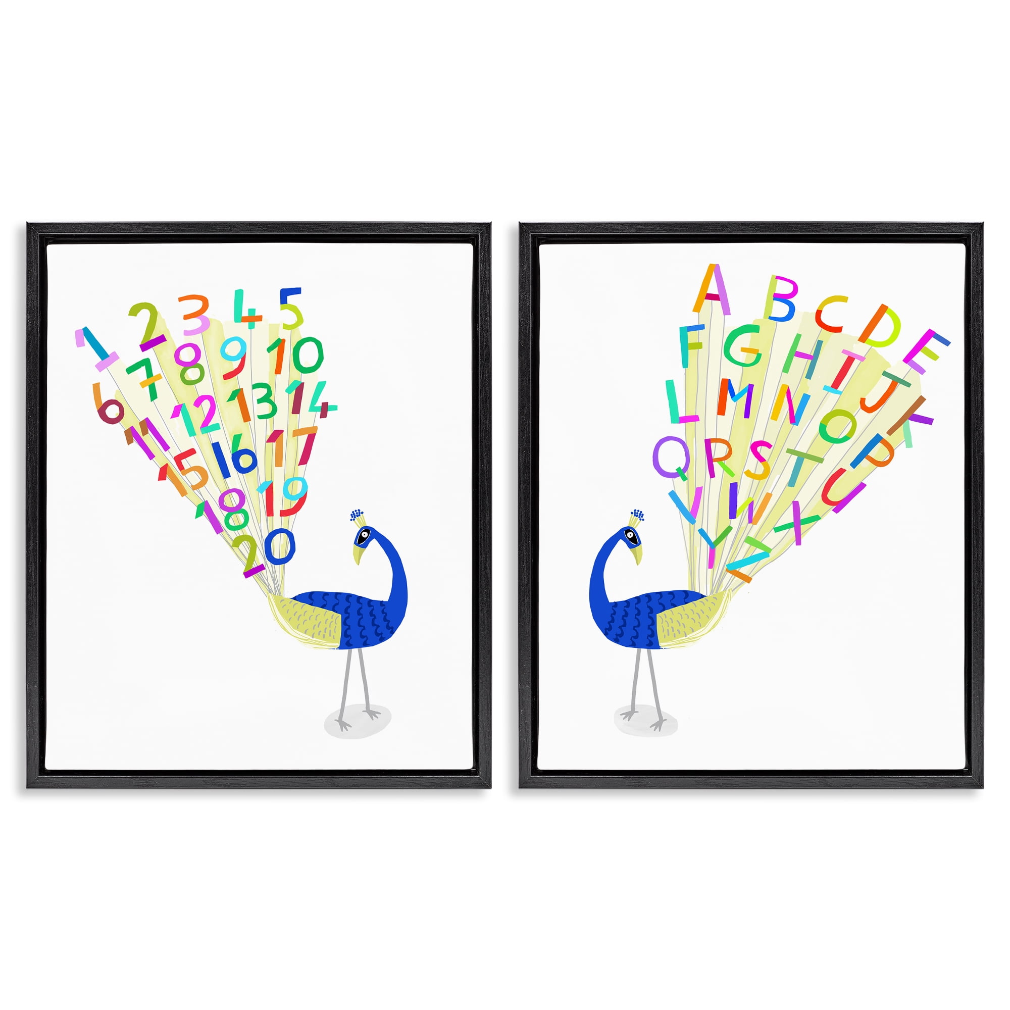 Stupell Industries Peacock Alphabet Numbers Education Painting Black Floater Framed Canvas Art Print Wall Art, 17 x 21, Set of 2
