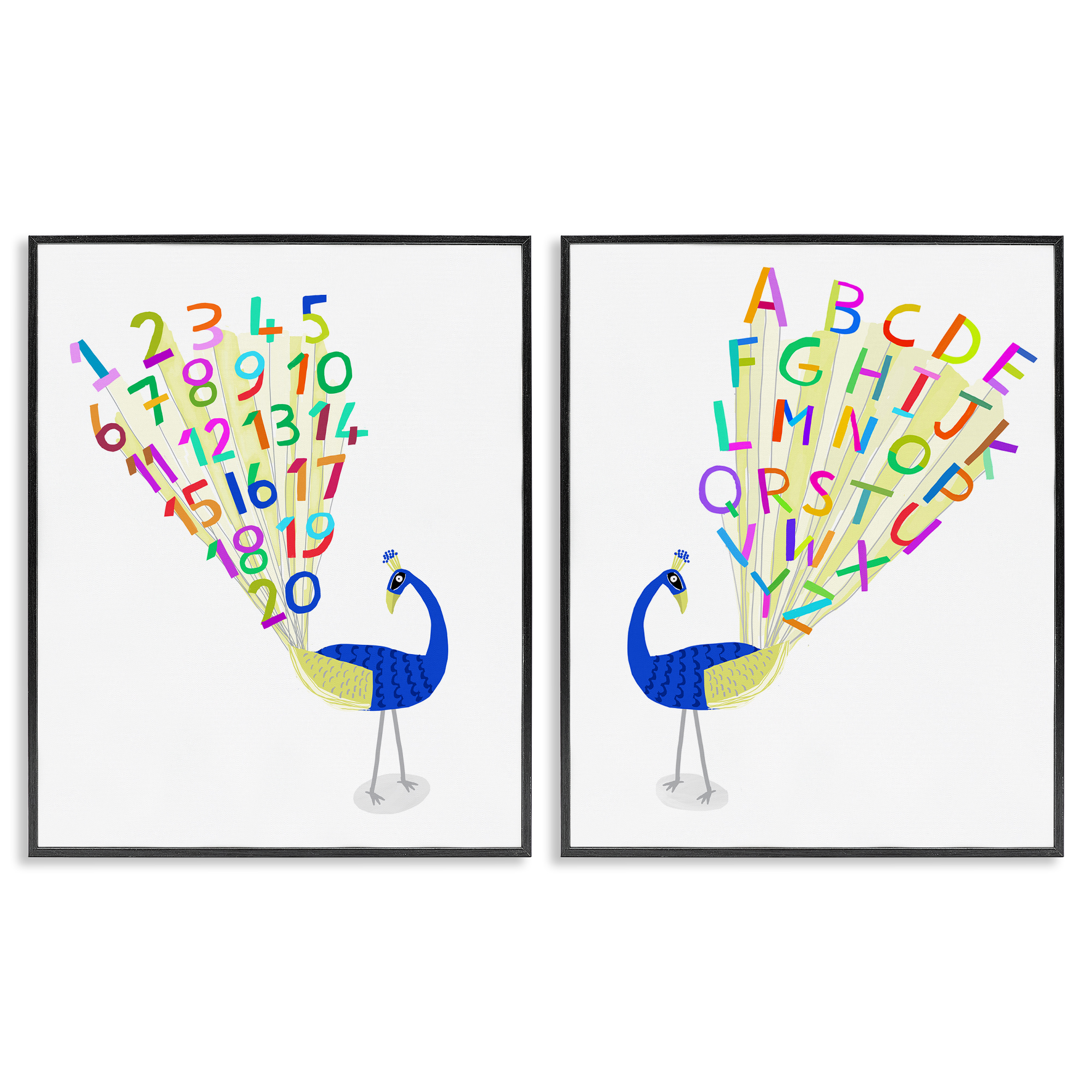 Stupell Industries Peacock Alphabet Numbers Education Painting Black Framed Art Print Wall Art, 11 x 14, Set of 2