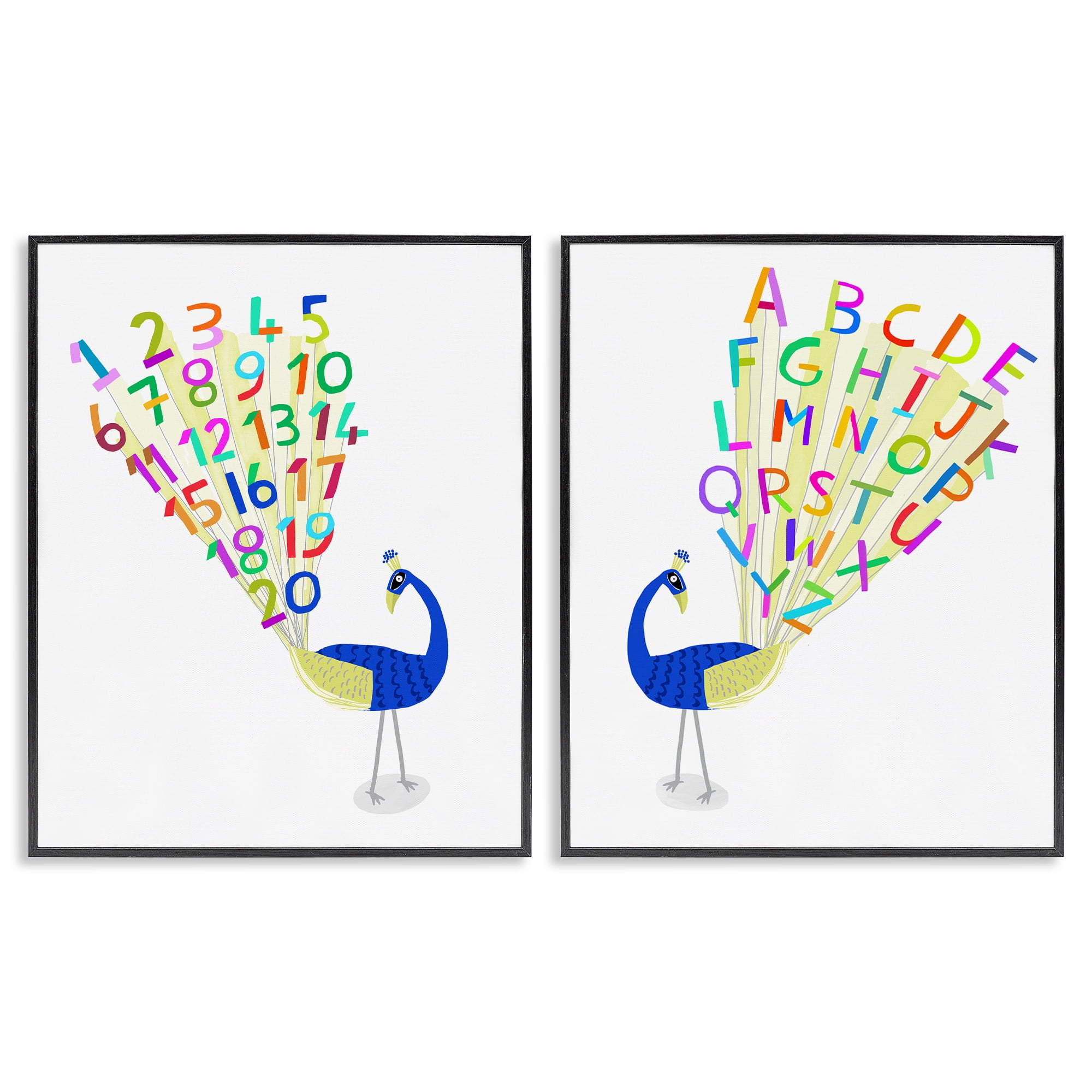 Stupell Industries Peacock Alphabet Numbers Education Painting Black Framed Art Print Wall Art, 16 x 20, Set of 2