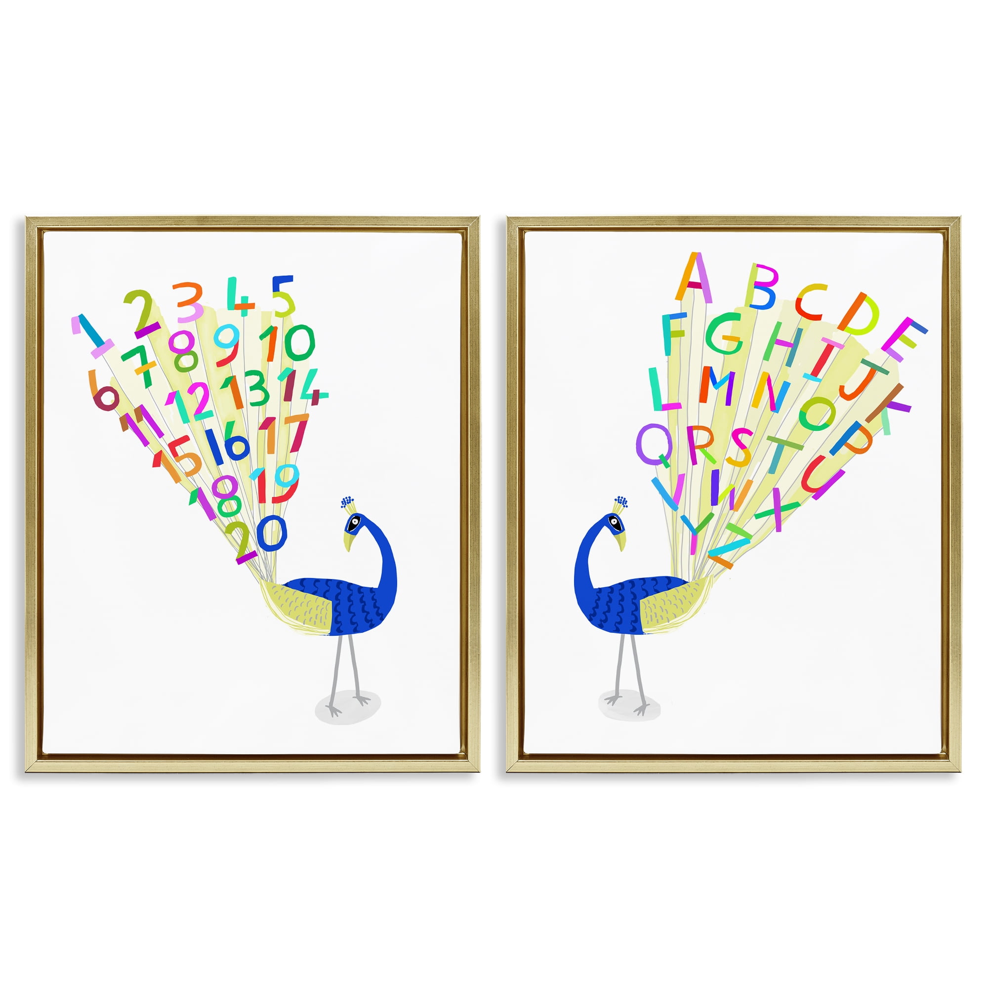 Stupell Industries Peacock Alphabet Numbers Education Painting Gold Floater Framed Canvas Art Print Wall Art, 17 x 21, Set of 2