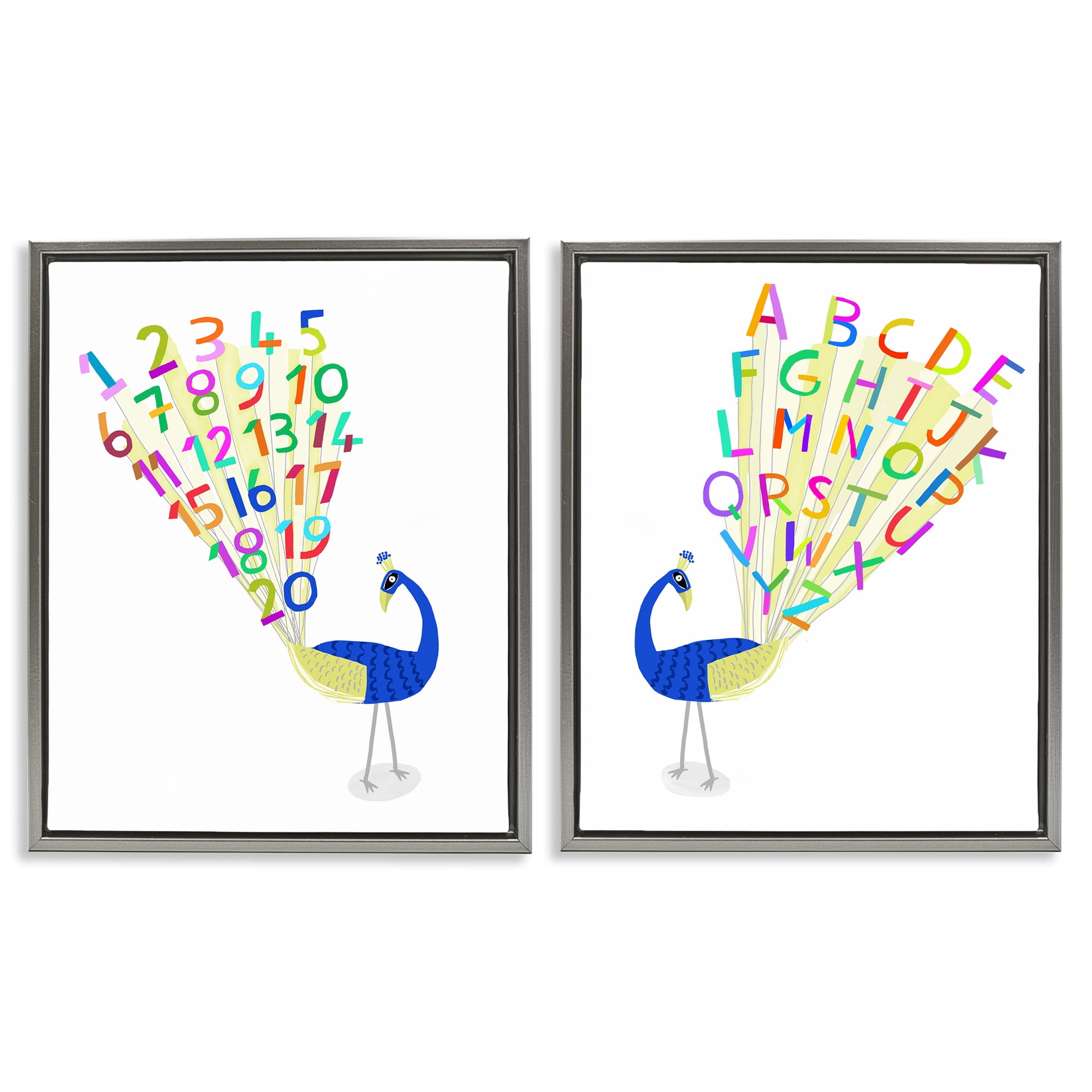 Stupell Industries Peacock Alphabet Numbers Education Painting Gray Floater Framed Canvas Art Print Wall Art, 17 x 21, Set of 2