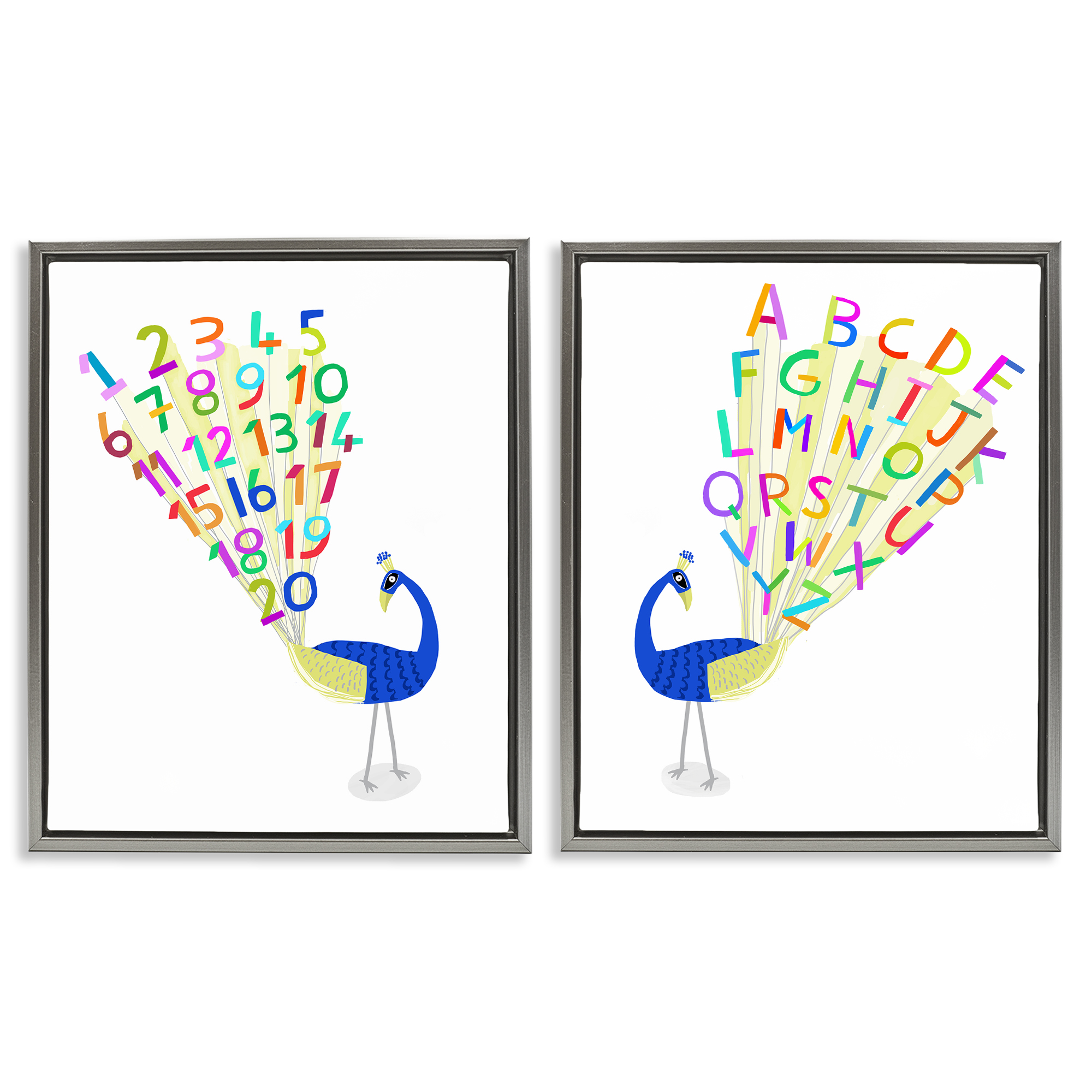 Stupell Industries Peacock Alphabet Numbers Education Painting Gray Floater Framed Canvas Art Print Wall Art, 31 x 25, Set of 2