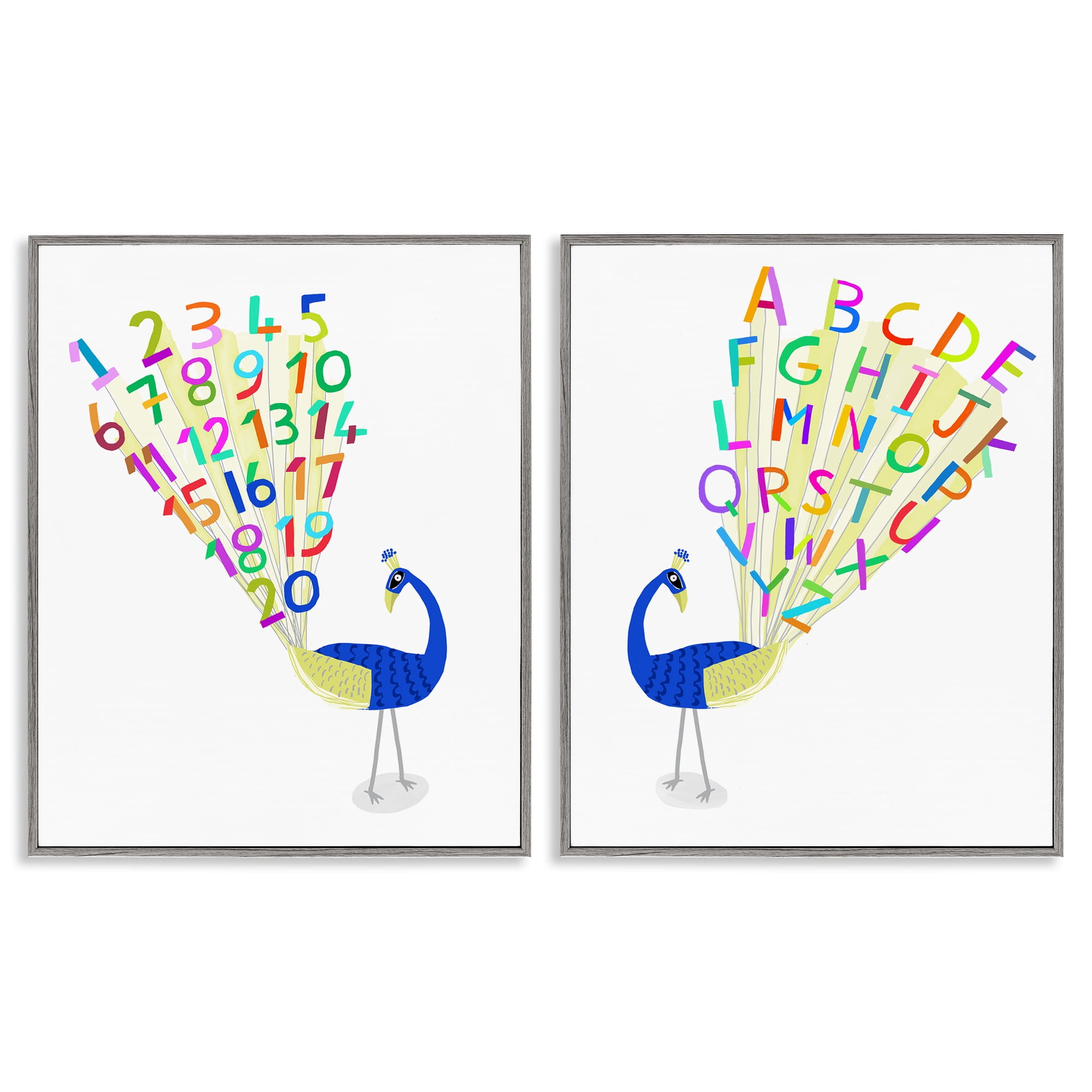 Stupell Industries Peacock Alphabet Numbers Education Painting Gray Framed Art Print Wall Art, 24 x 30, Set of 2