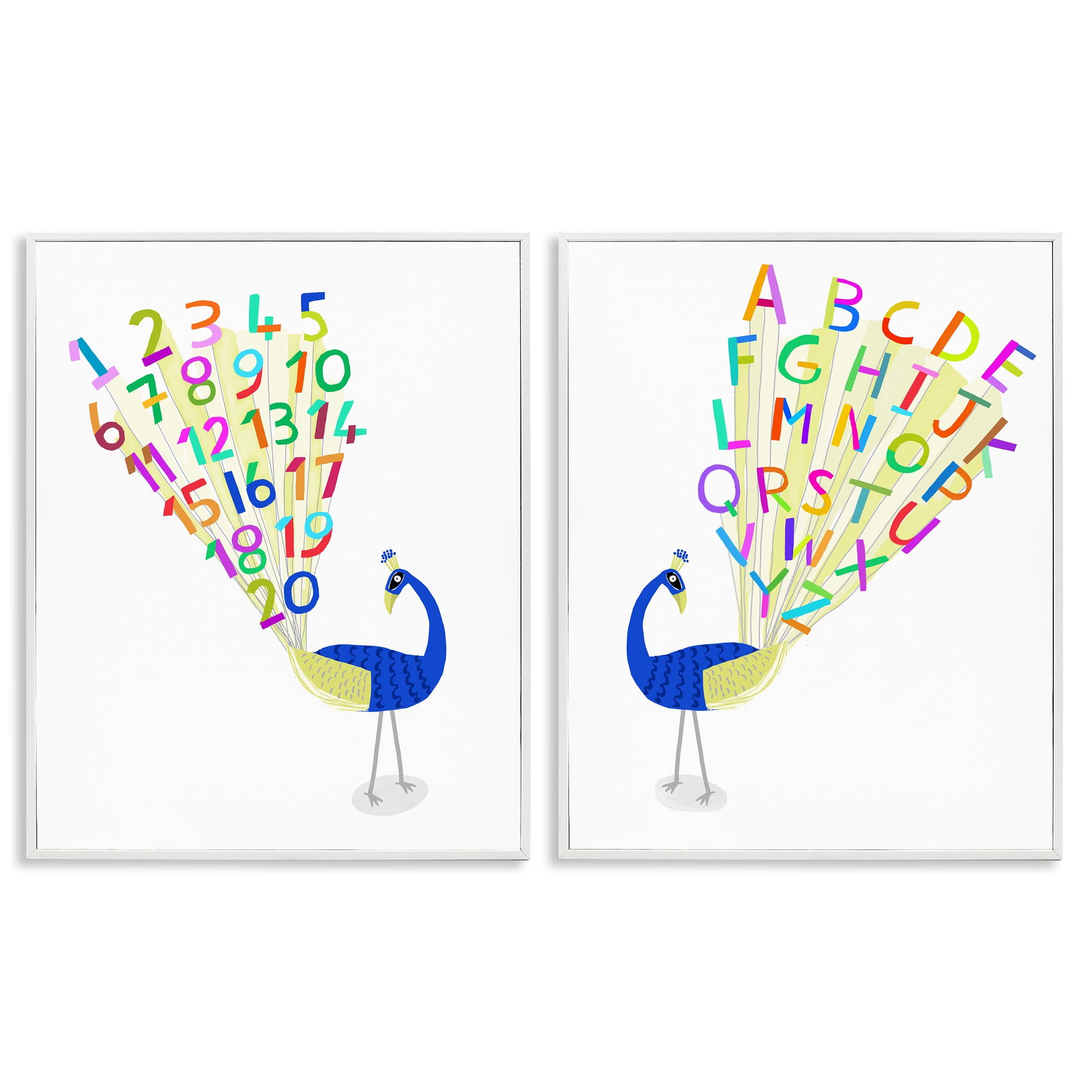 Stupell Industries Peacock Alphabet Numbers Education Painting White Framed Art Print Wall Art, 11 x 14, Set of 2